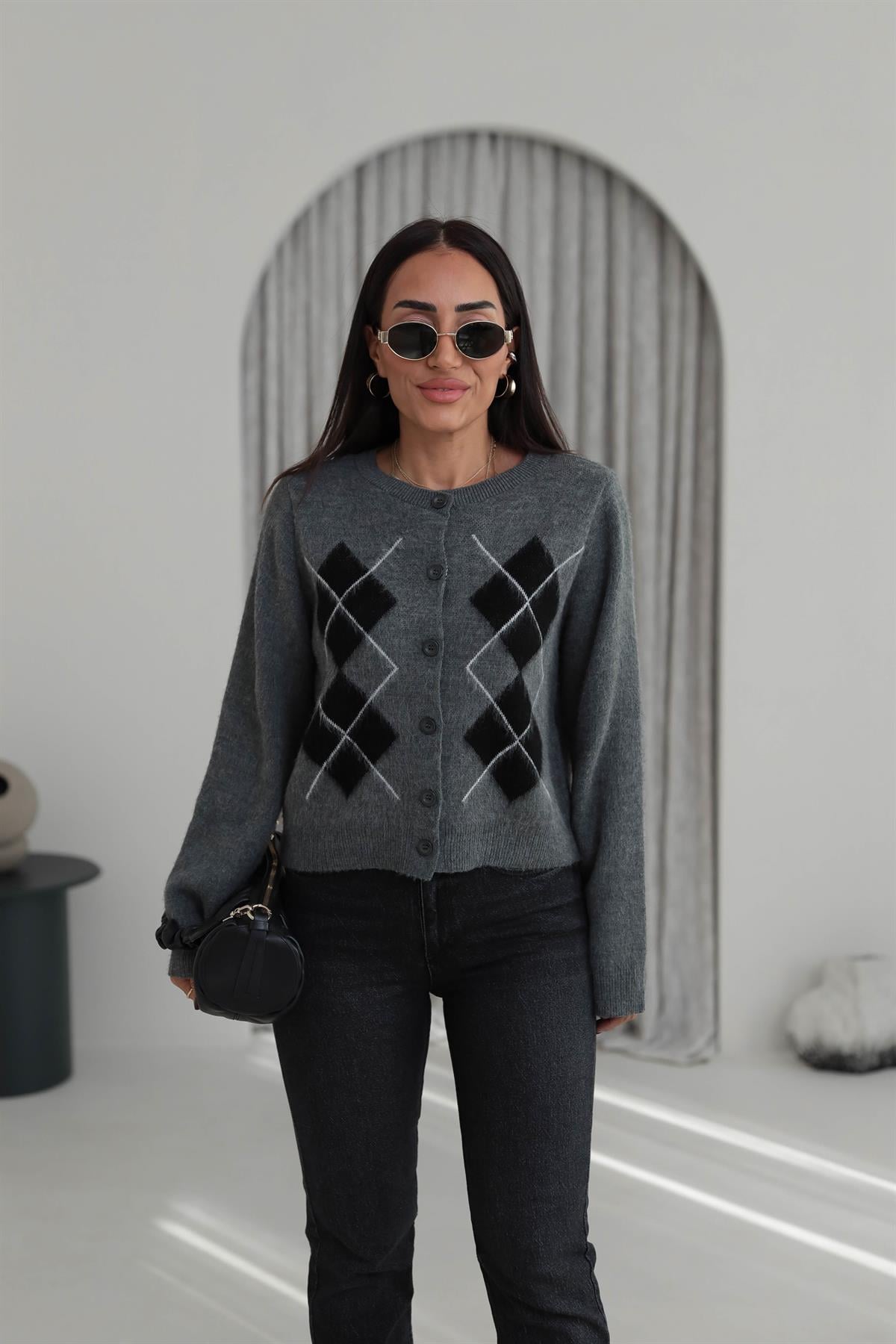 5263 Bisiklet Yaka Baklava Desen Massi Hırka GRİ