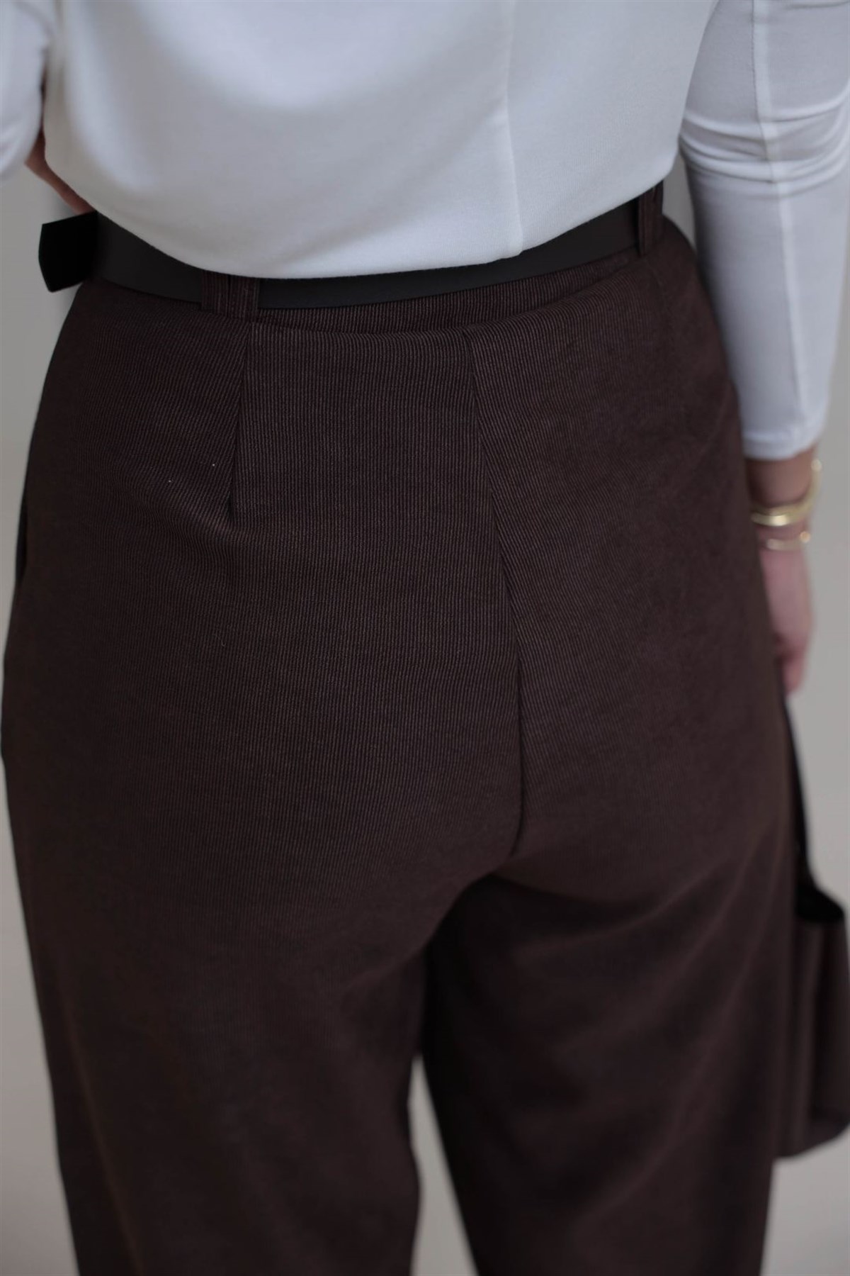 3290 Kemerli Fitilli Kumaş Palazzo Pantolon ACI KAHVE