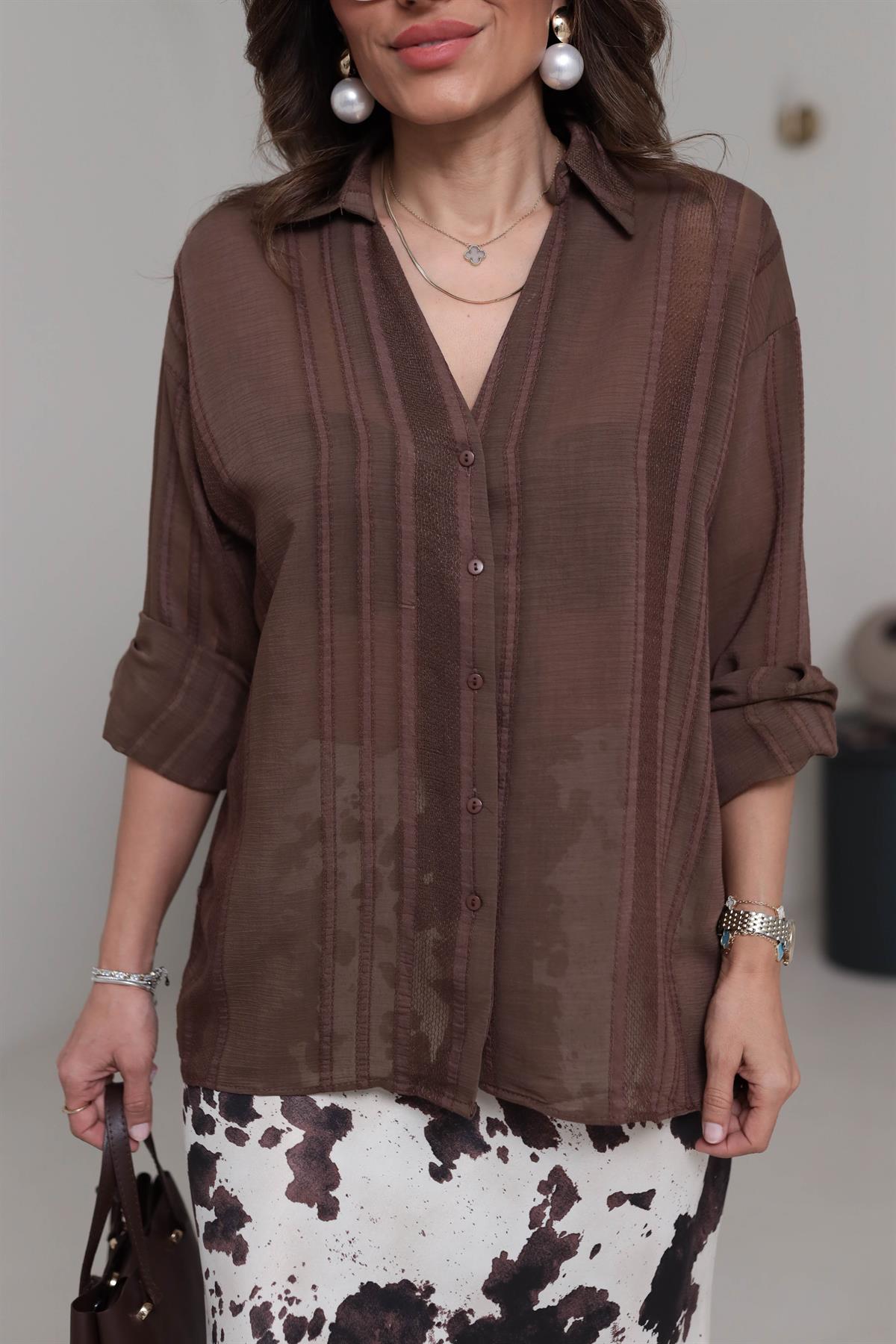 4914 Transparan Detaylı Oversize Gömlek KAHVE