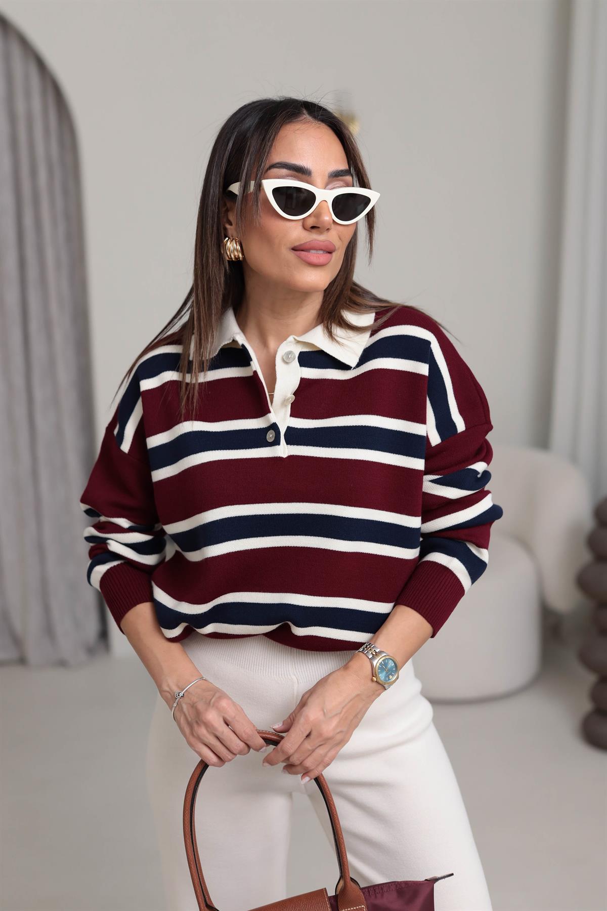 2433 Polo Yaka Çizgili Düğmeli Triko BORDO-LACİ