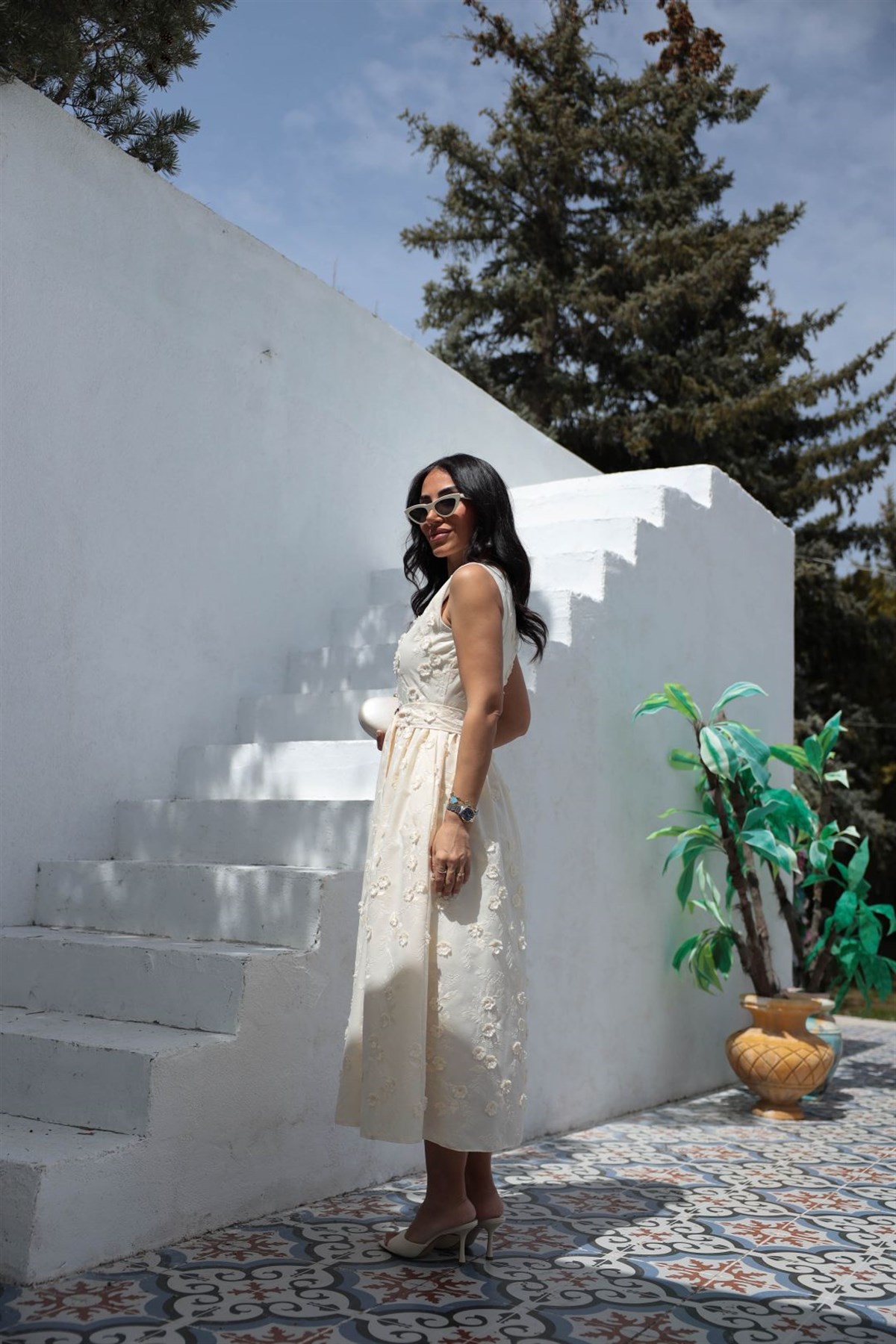 9596 İşleme Detaylı Kemerli Elbise AÇIK SARI