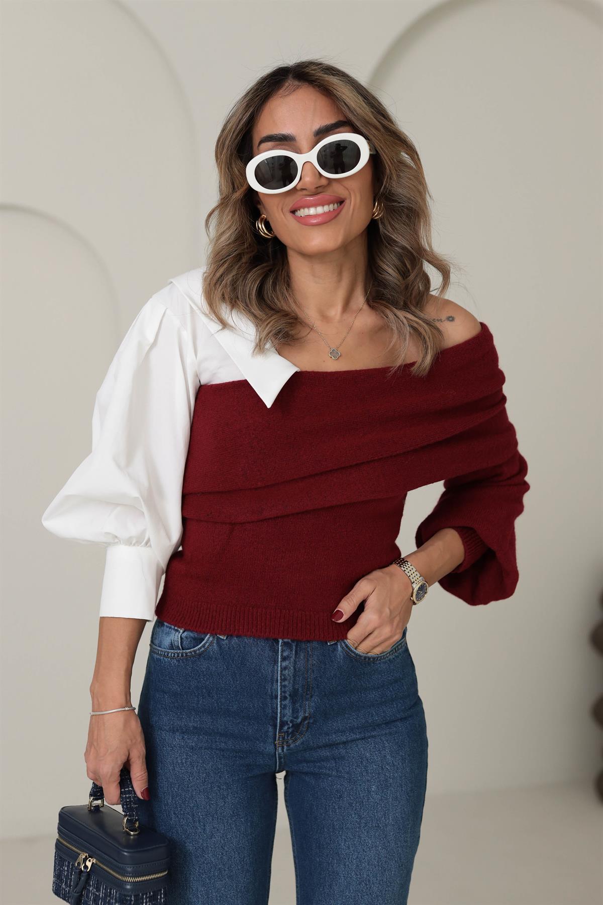 4256 Gömlek Garnili Triko Bluz BORDO