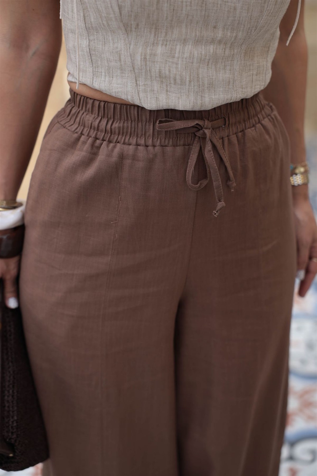 7571 Beli Lastikli Havuç Pantolon KAHVE