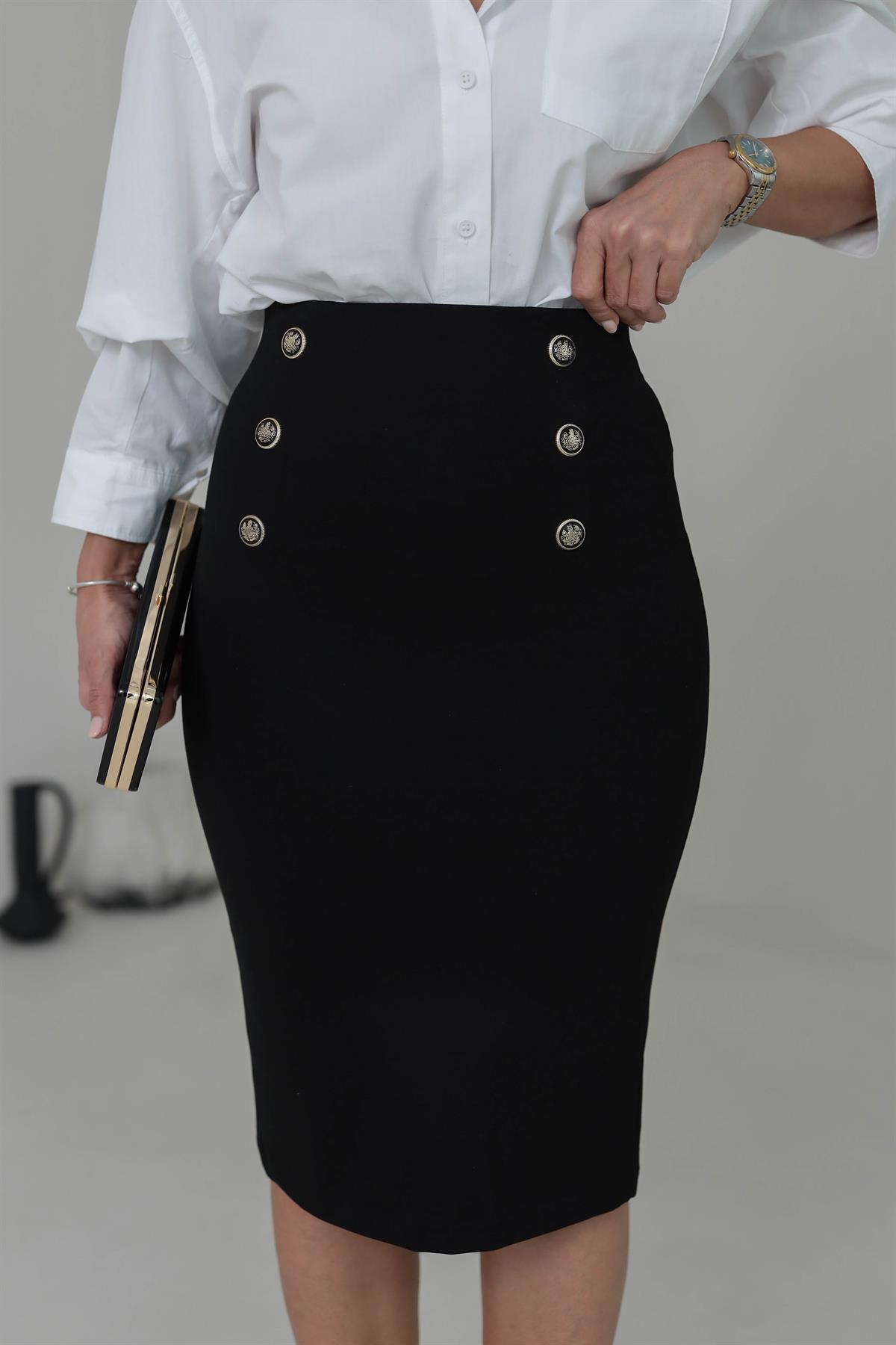 3130 Önü Düğme Detaylı Etek SİYAH