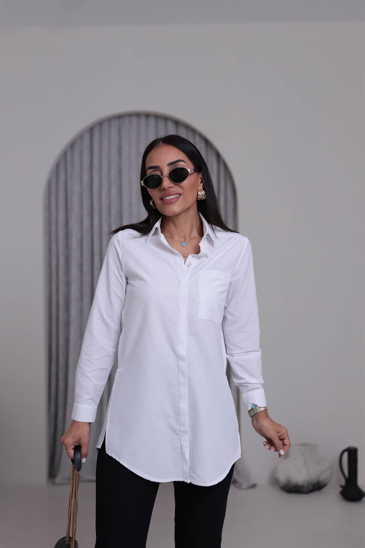 0626 Boyfriend Kalıp Gizli Düğmeli Gömlek BEYAZ