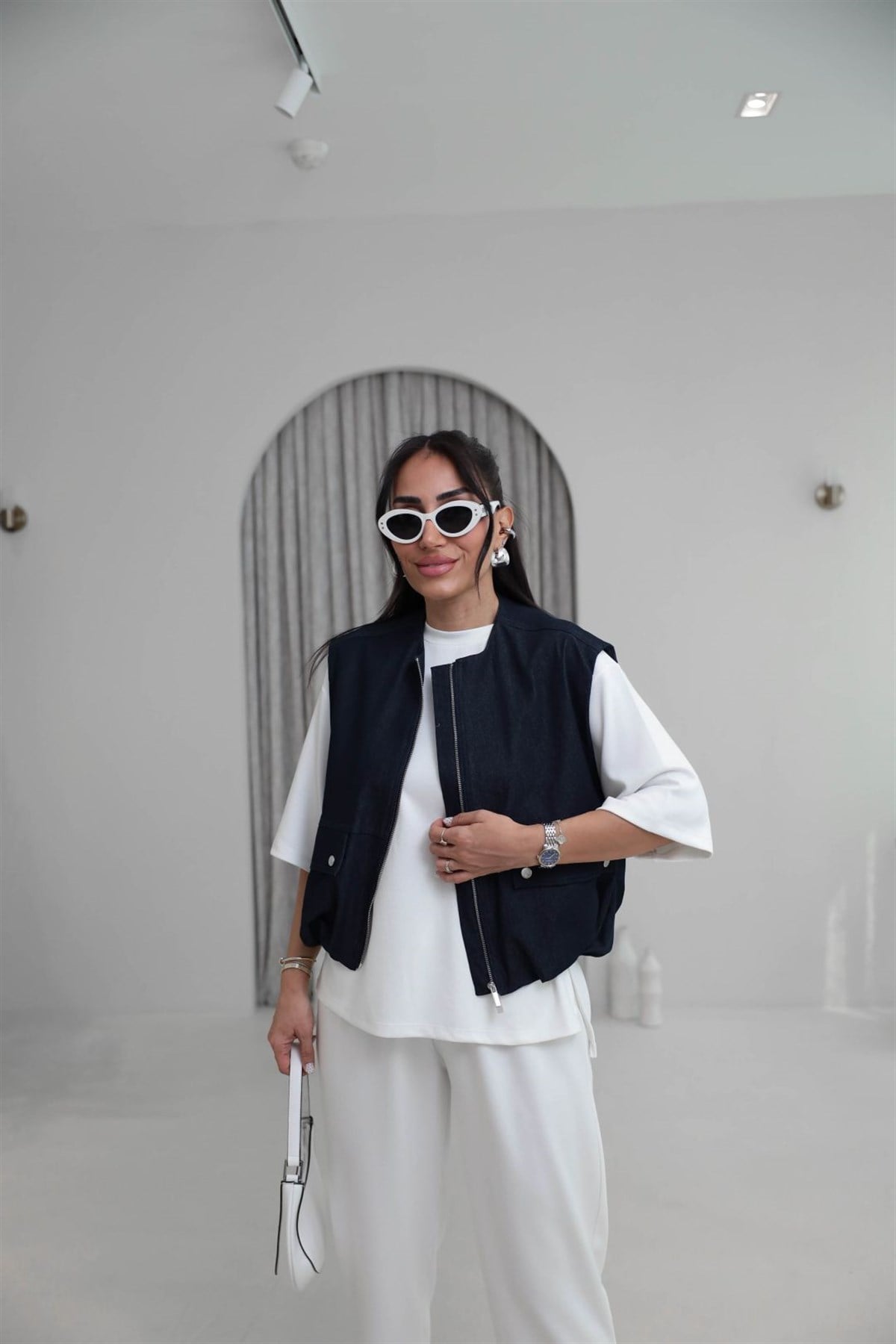 8492 Önden Fermuarlı Sıfır Kol Denim Yelek LACİVERT