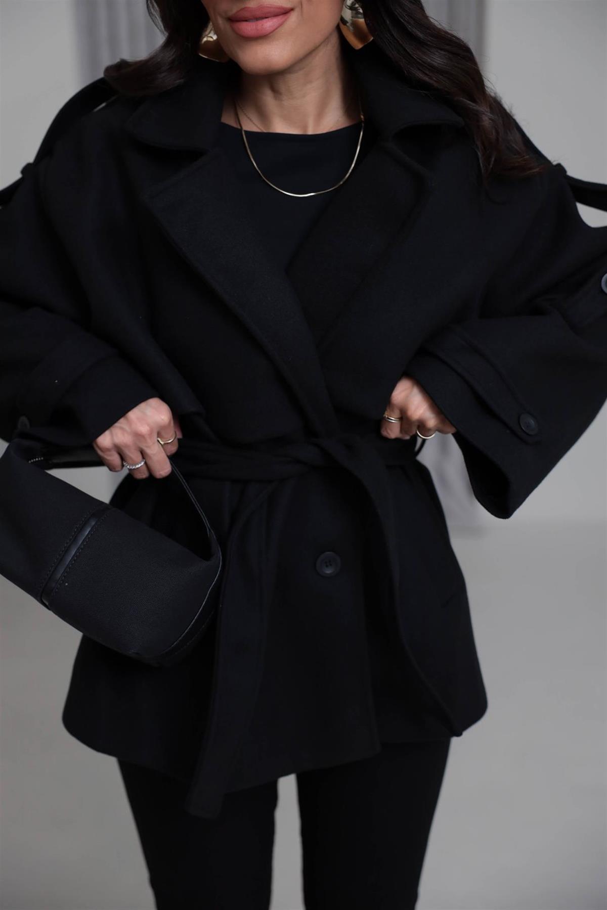 9669 Kuşaklı Oversize Premium Kaşe Ceket SİYAH