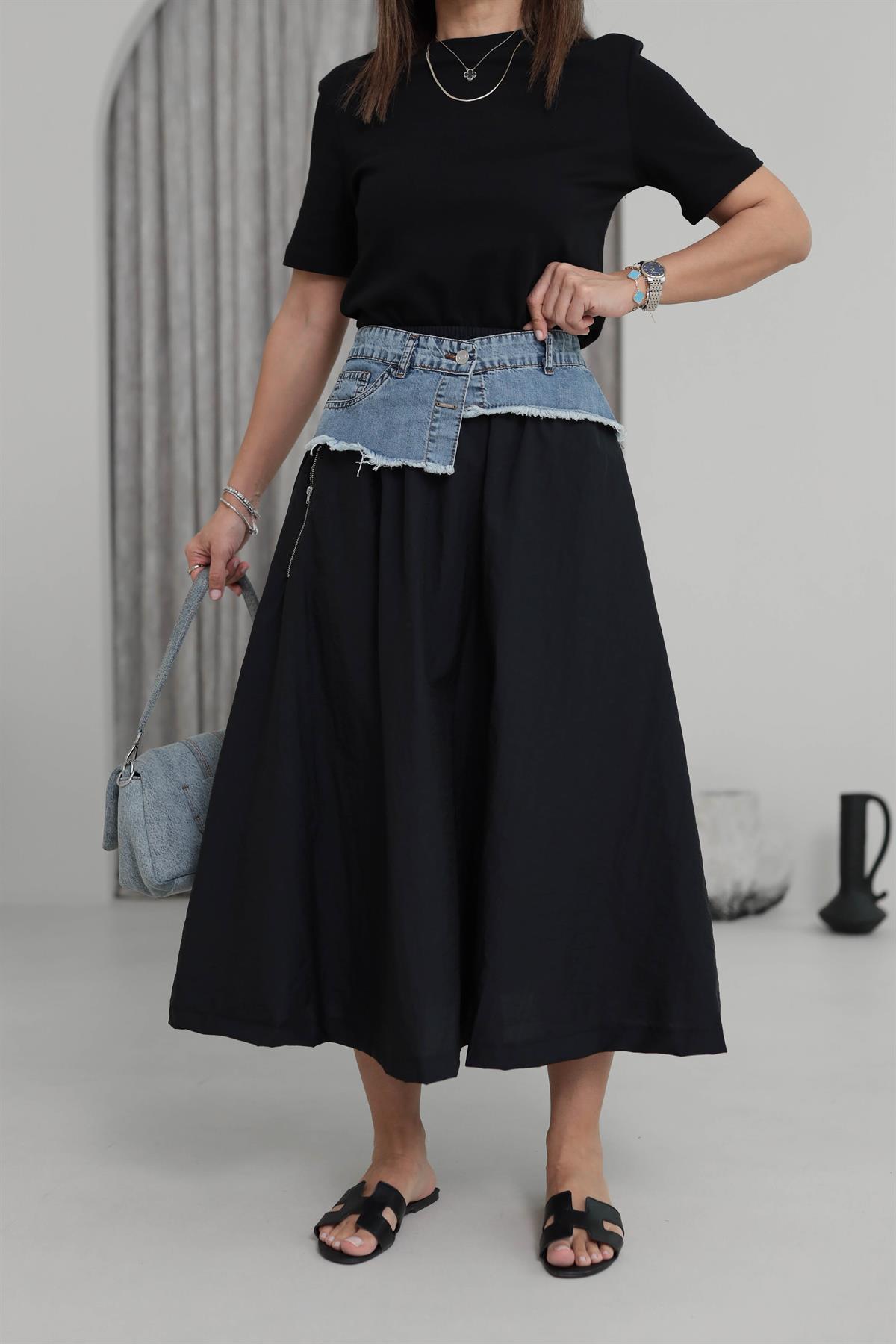 4620 Kot Detaylı Tasarım Etek SİYAH