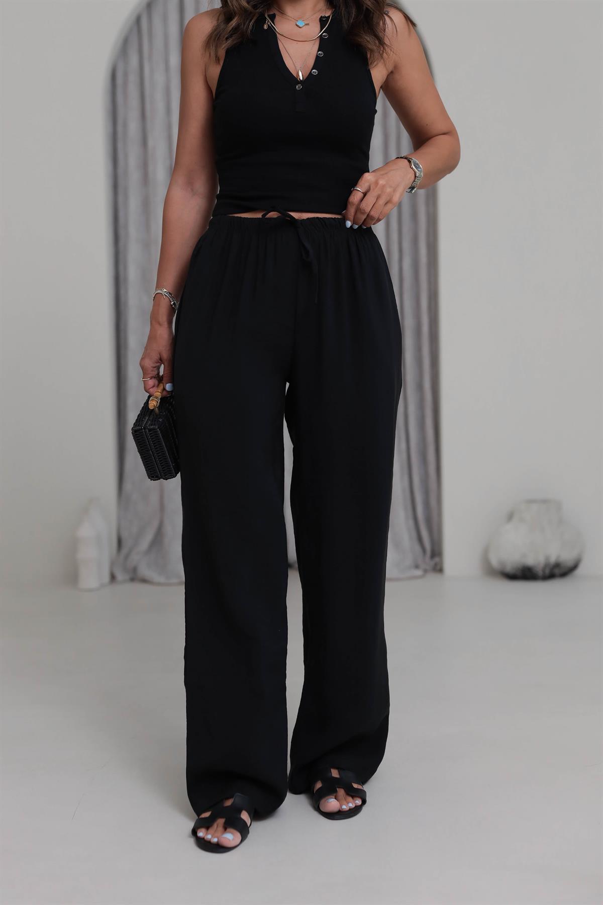 Beli Lastikli Bağcıklı Tencel Pantolon SİYAH