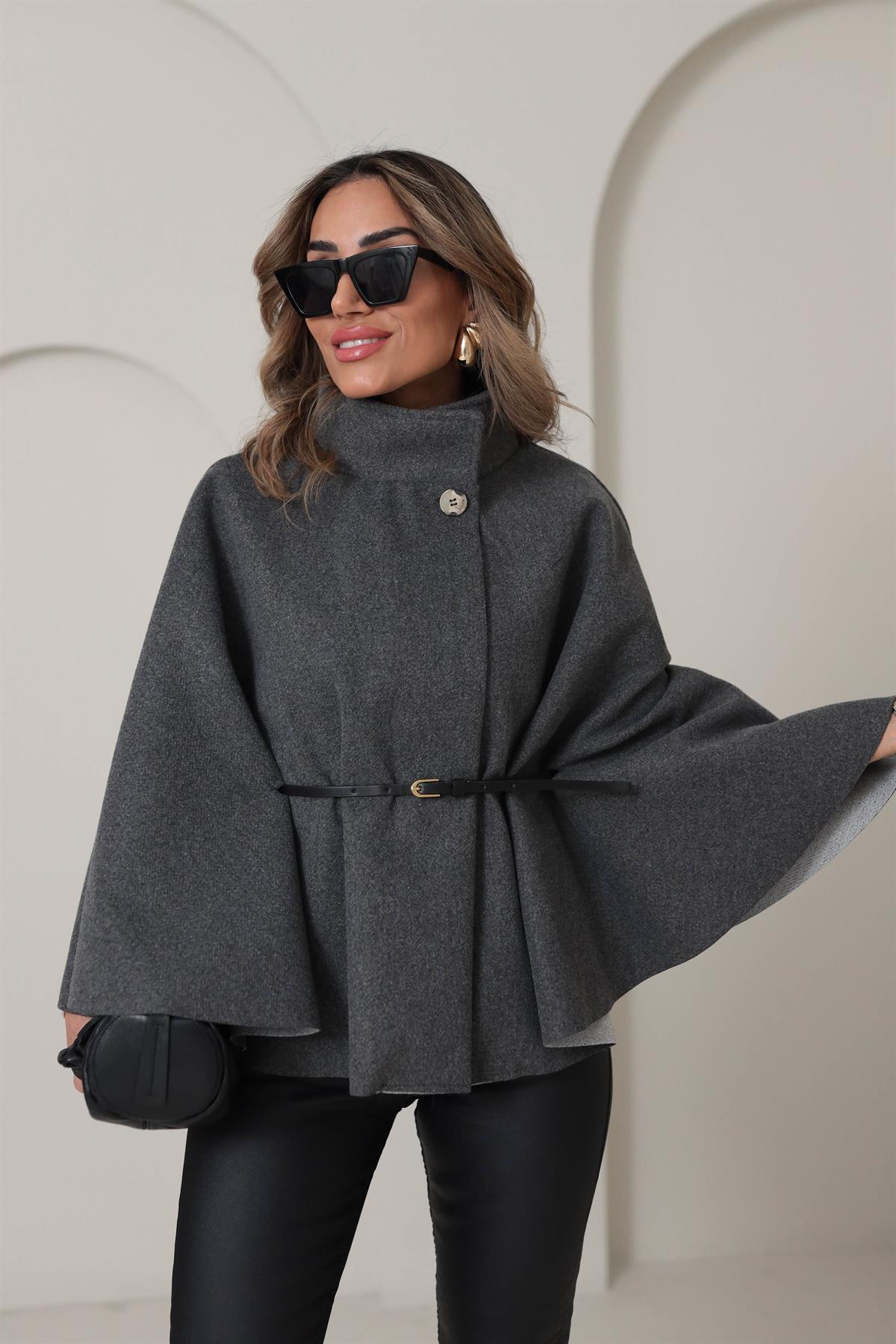 80167 Kemerli Dik Yaka Kaşe Panço ANTRASİT