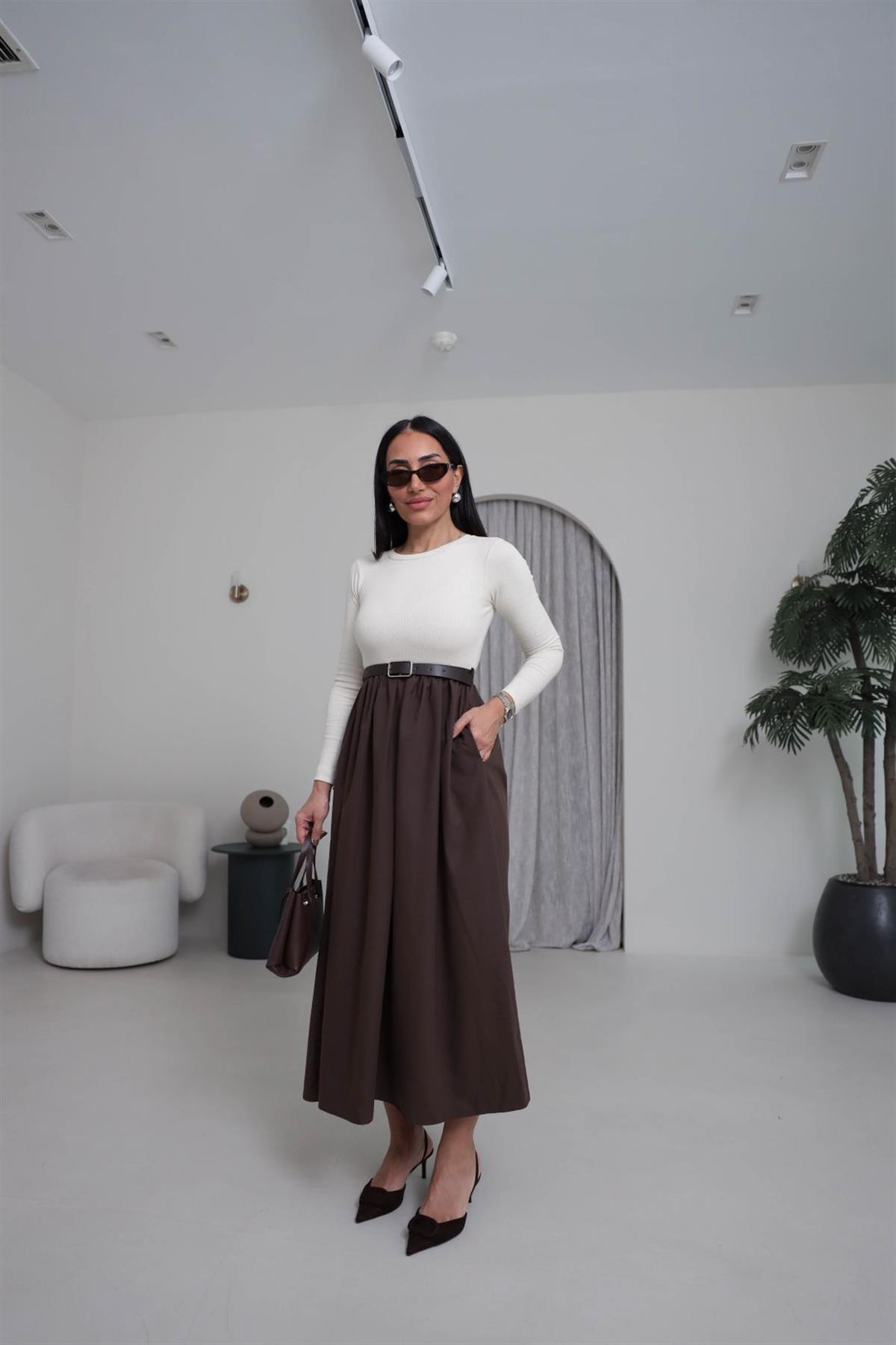 2018 Kemerli Kaşkorse Uzun Kol Elbise KREM