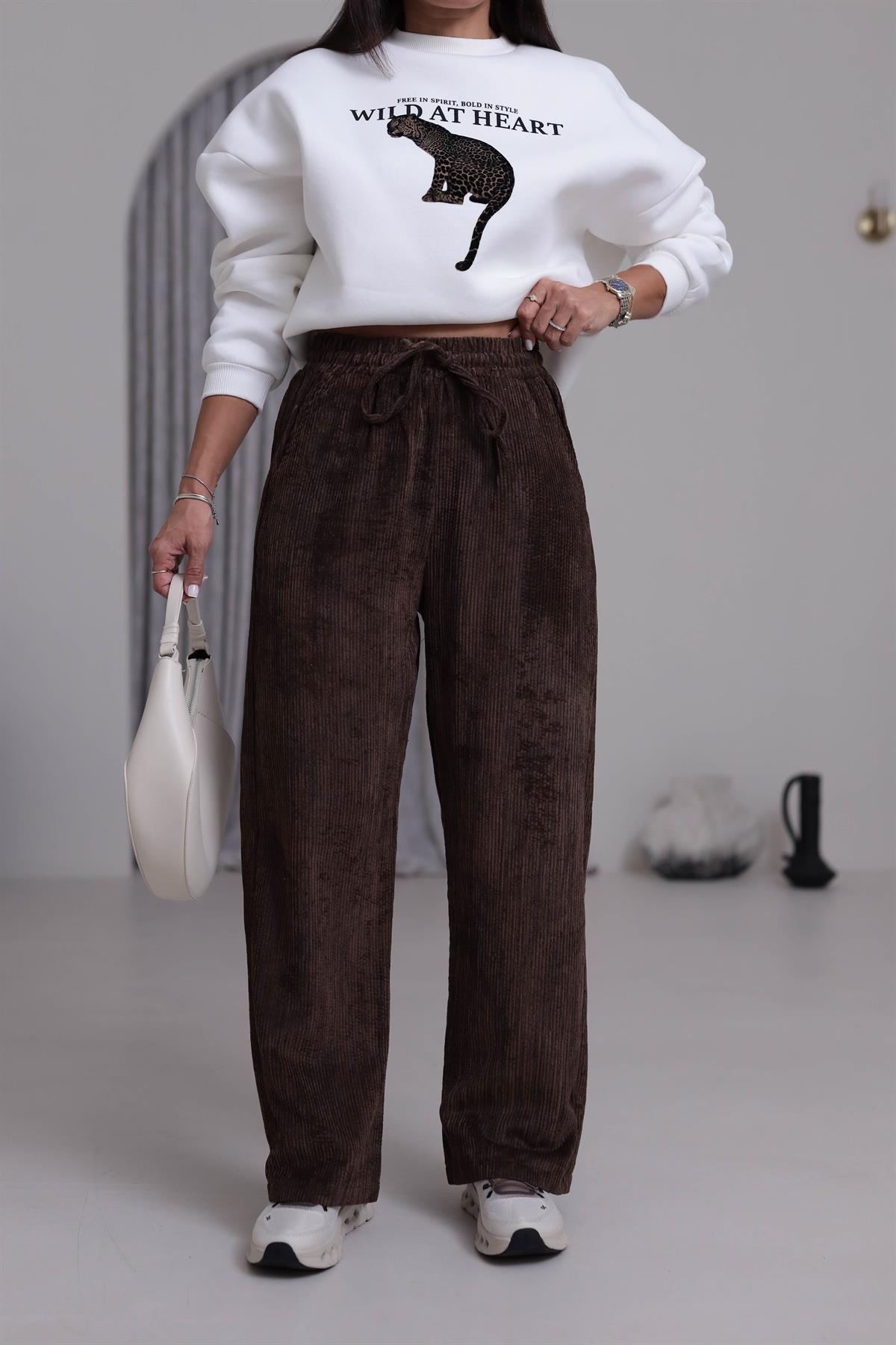 1183 Eskitme Efektli Bel Lastikli Kadife Pantolon KAHVE