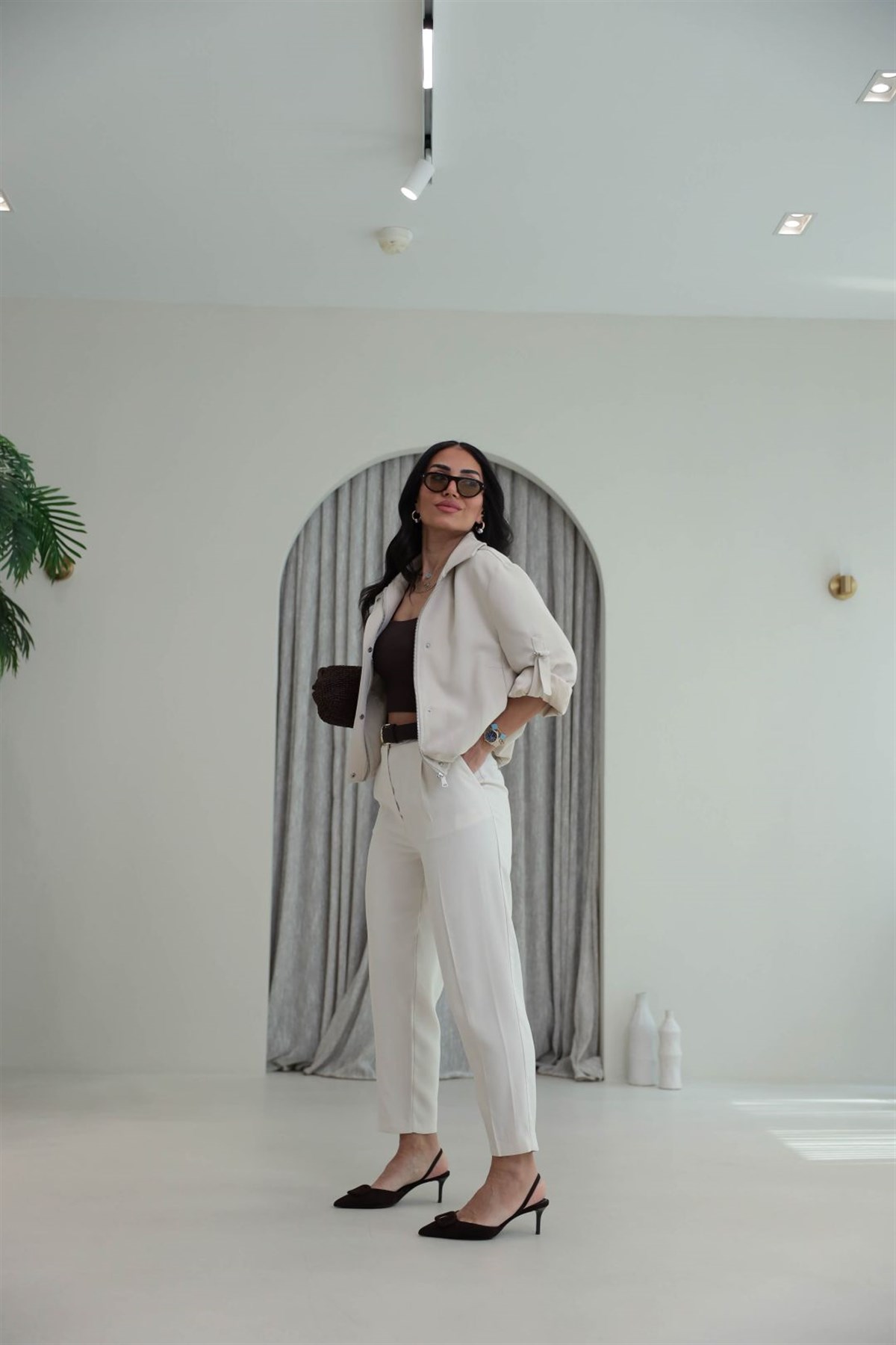 7544 Kemer Detaylı Tencel Kumaş Smart Pantolon KREM