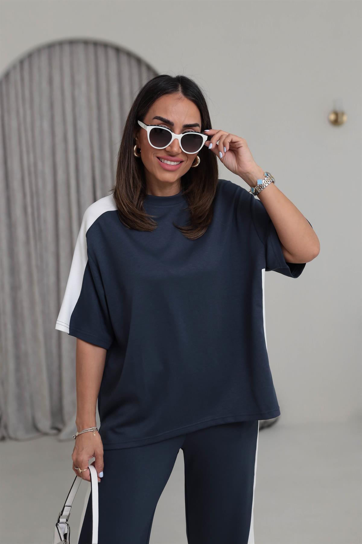 3417 Kontrastlı Paça Yırtmaçlı Rahat Modal Takım ANTRASİT