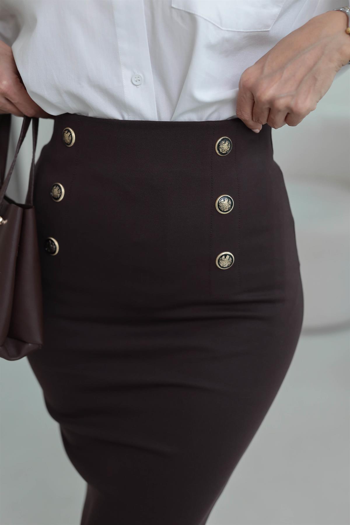 3130 Önü Düğme Detaylı Etek KAHVE