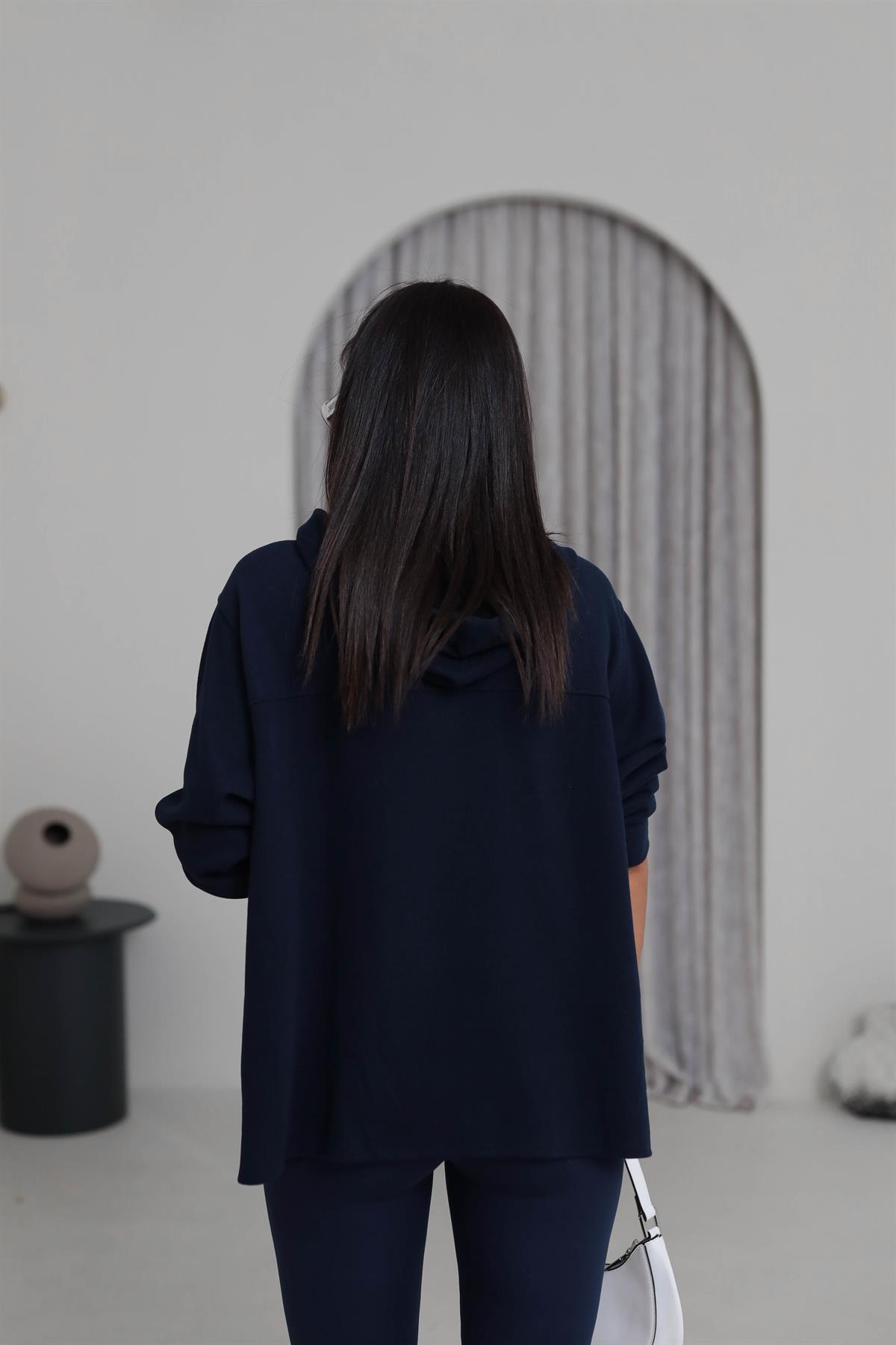 1750 Yaka Detay Selanik Kapşonlu Sweatshirt LACİVERT