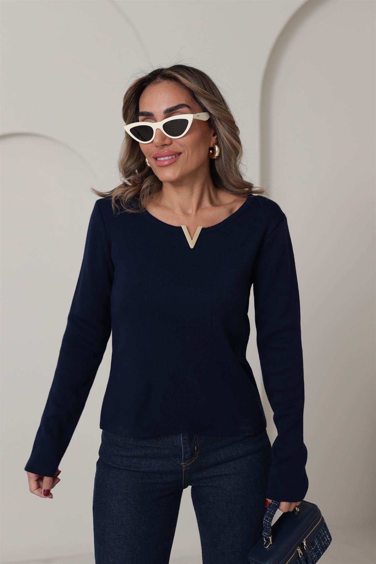 5832 V Gold Tokalı Yumuşak Triko LACİVERT