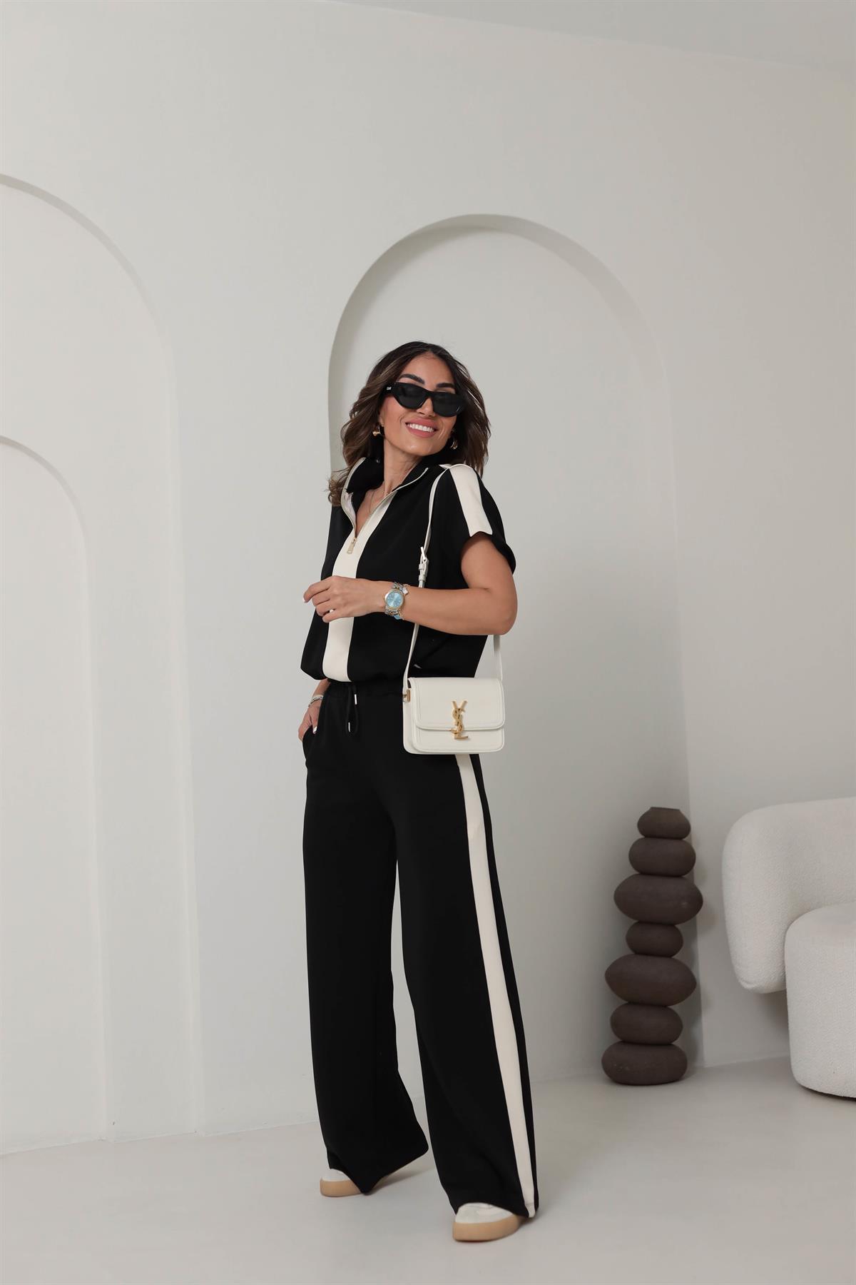 6290 Kısa Kol Renk Bloklu Modal Takım SİYAH-BEJ