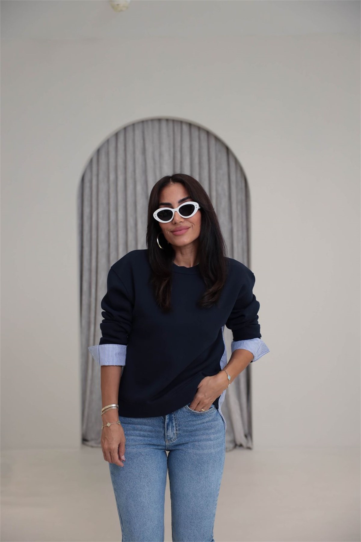 0201 Bisiklet Yaka Gömlek Garnili 3 İplik Sweatshirt LACİVERT