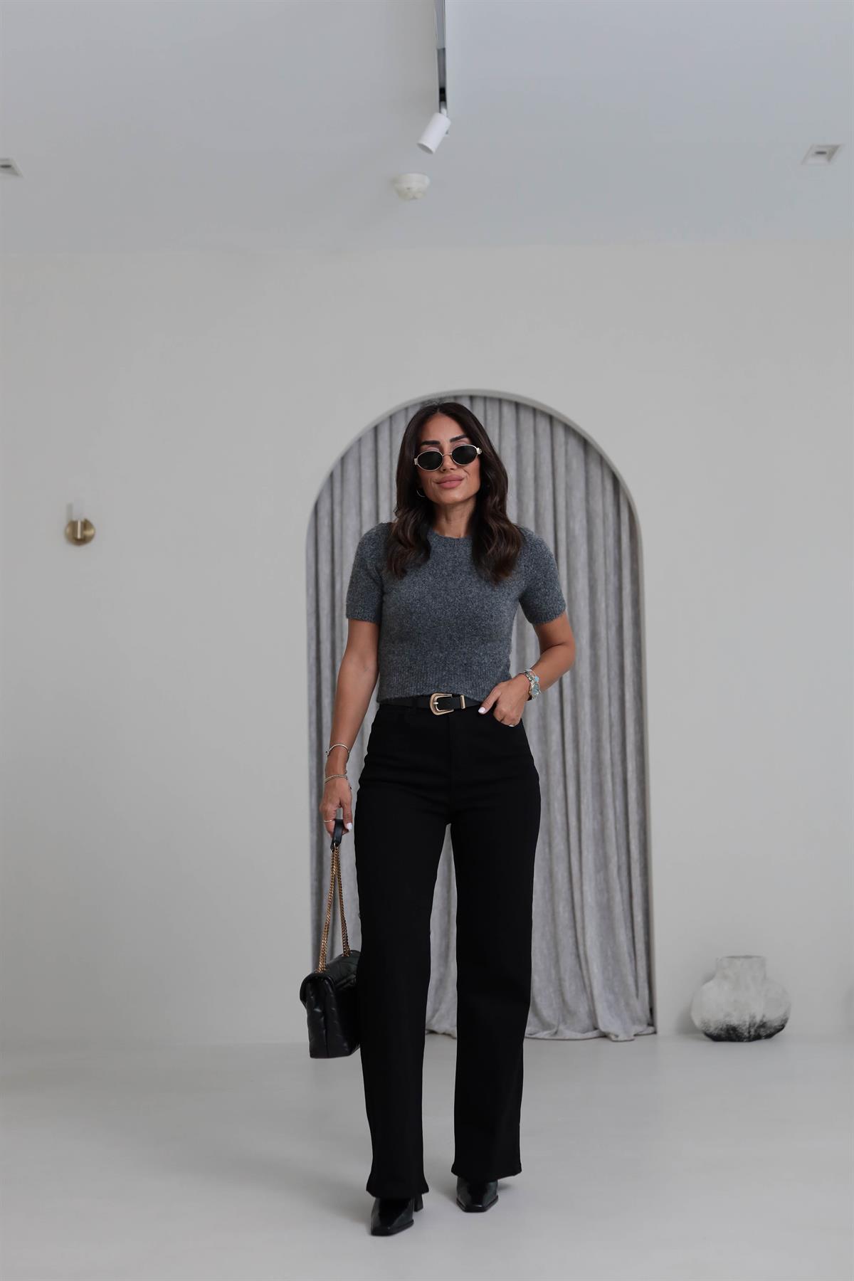 0651 Bisiklet Yaka Yumuşak Dokulu Kısa Kol Triko Kazak FÜME