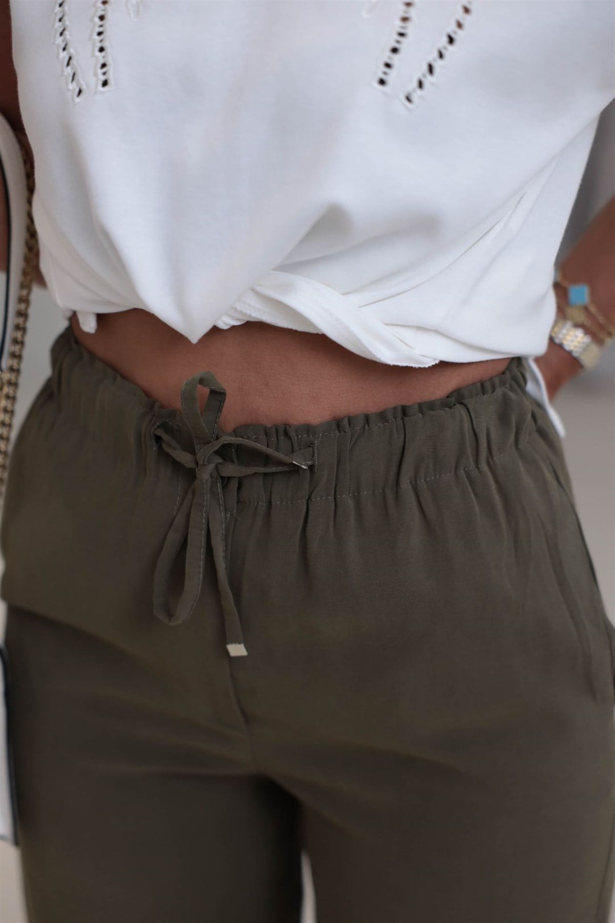 Tencel Kumaş Bol Paça Pantolon HAKİ YEŞİL