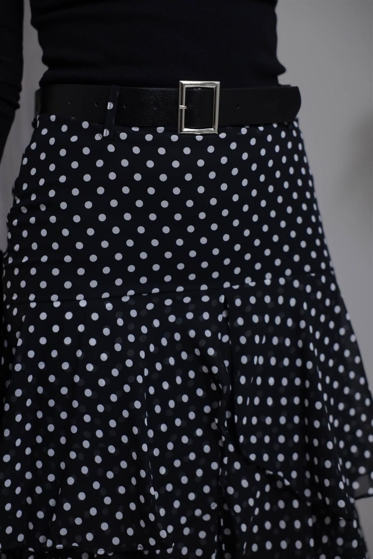 7218 Puantiyeli Kemerli Yırtmaçlı Şifon Etek SİYAH