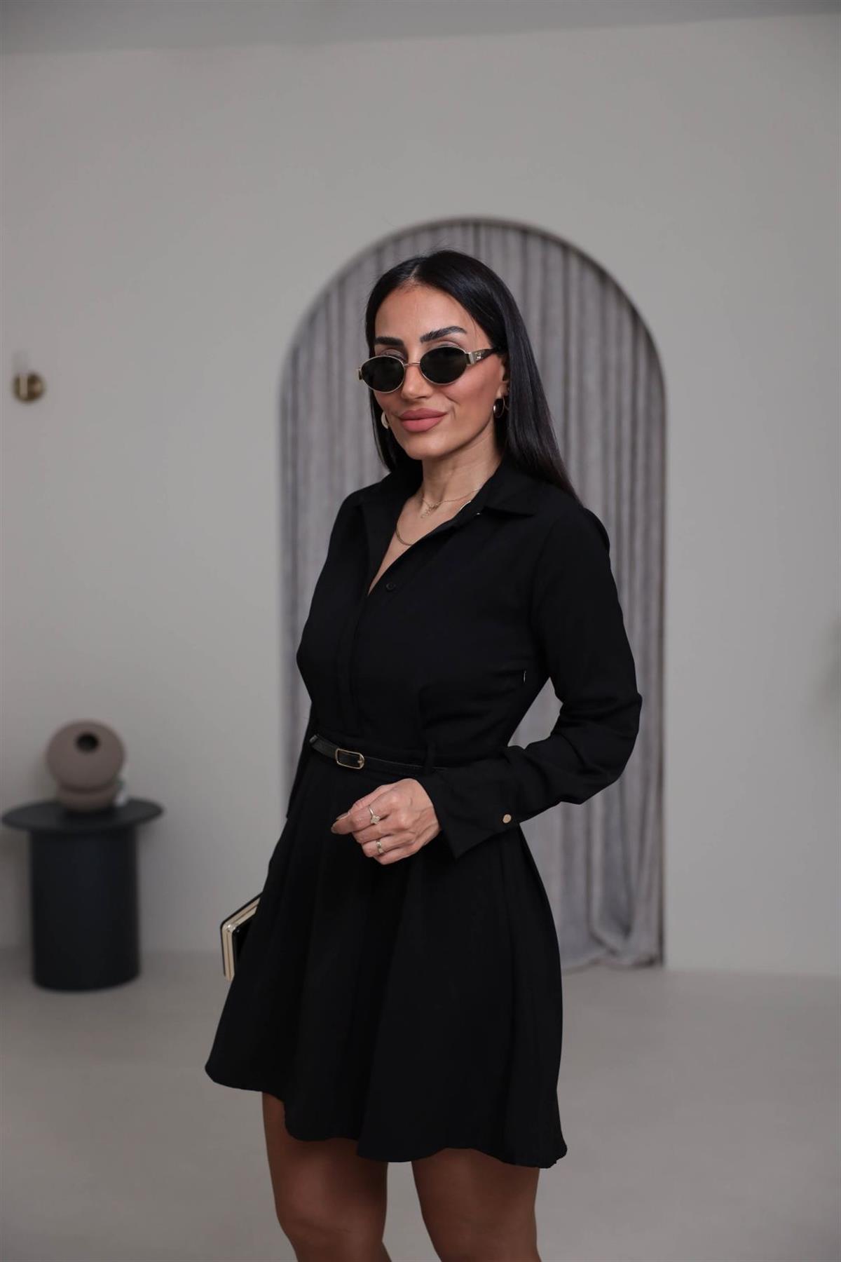 8271 Pensli İnce Kemerli Gömlek Yaka Elbise SİYAH