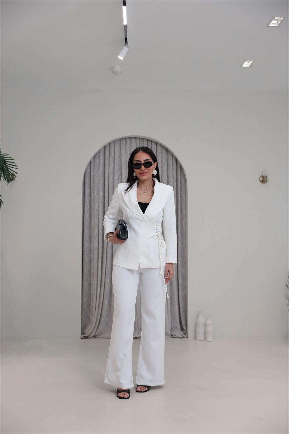 9295 Yandan Kuşgözü Bağlama Detaylı Ceket Pantolon Takım BEYAZ