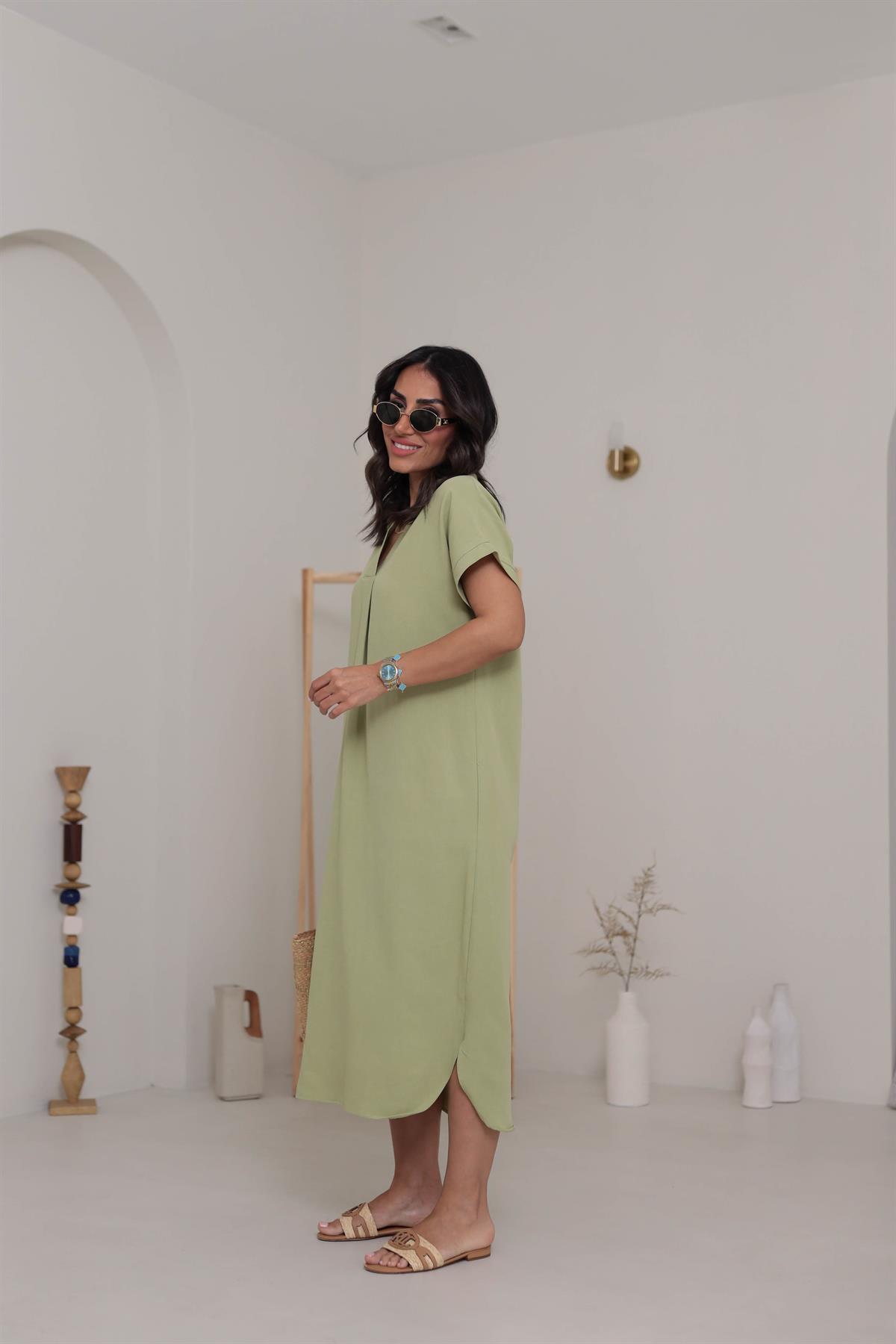 5998 V Yaka Rahat Terni Elbise ÇAĞLAYEŞİL
