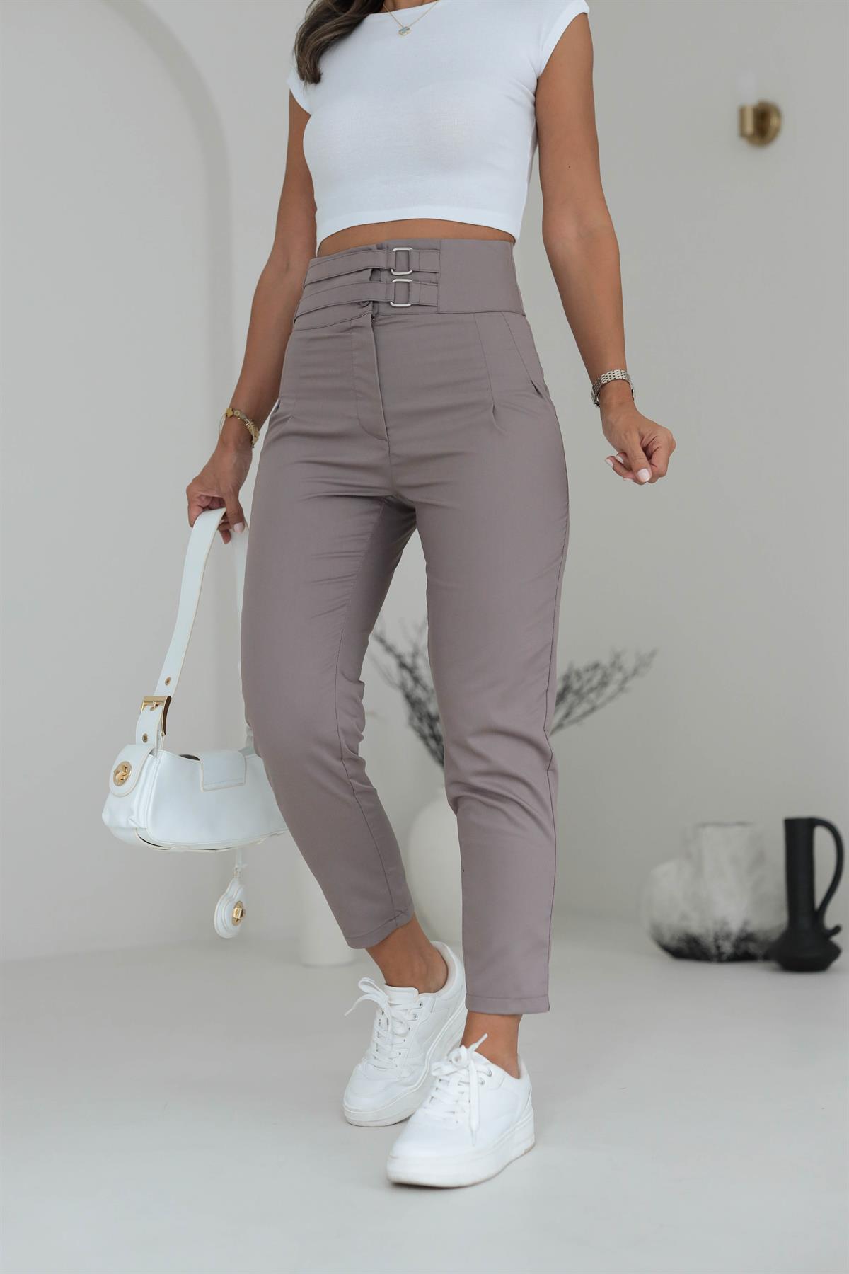 Çift Kemerli Yüksek Bel Pantolon