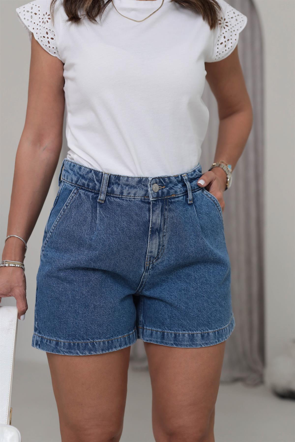 2000 Yan Cepli Pilelii Kot Şort KOYU MAVİ