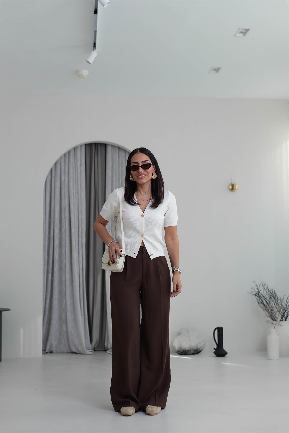 7576 Pileli Bol Paça Pantolon KAHVE