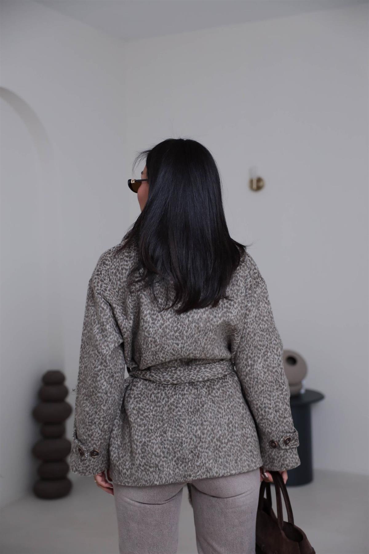 L0646 Desenli Kuşaklı Kaşe Ceket BEJ