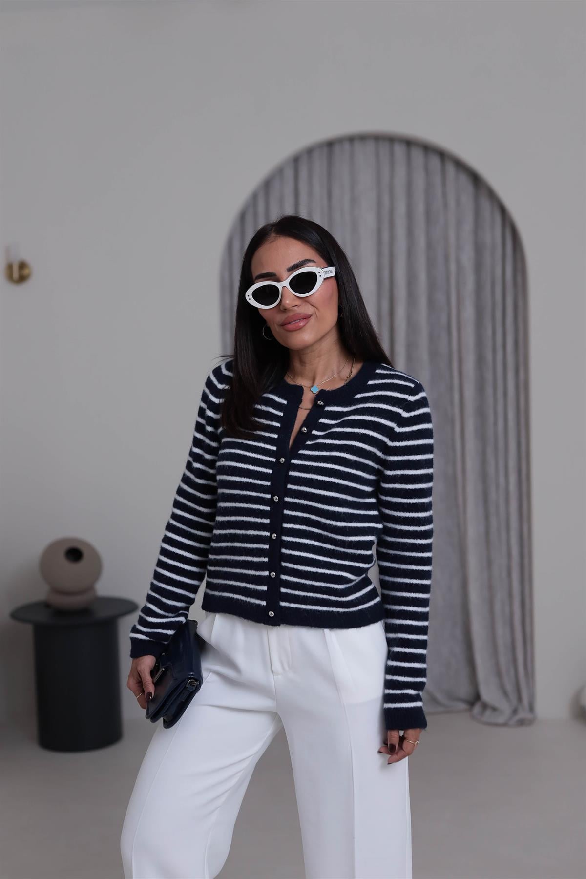 4870 Çizgili Şardonlu Bisiklet Yaka Hırka LACİVERT