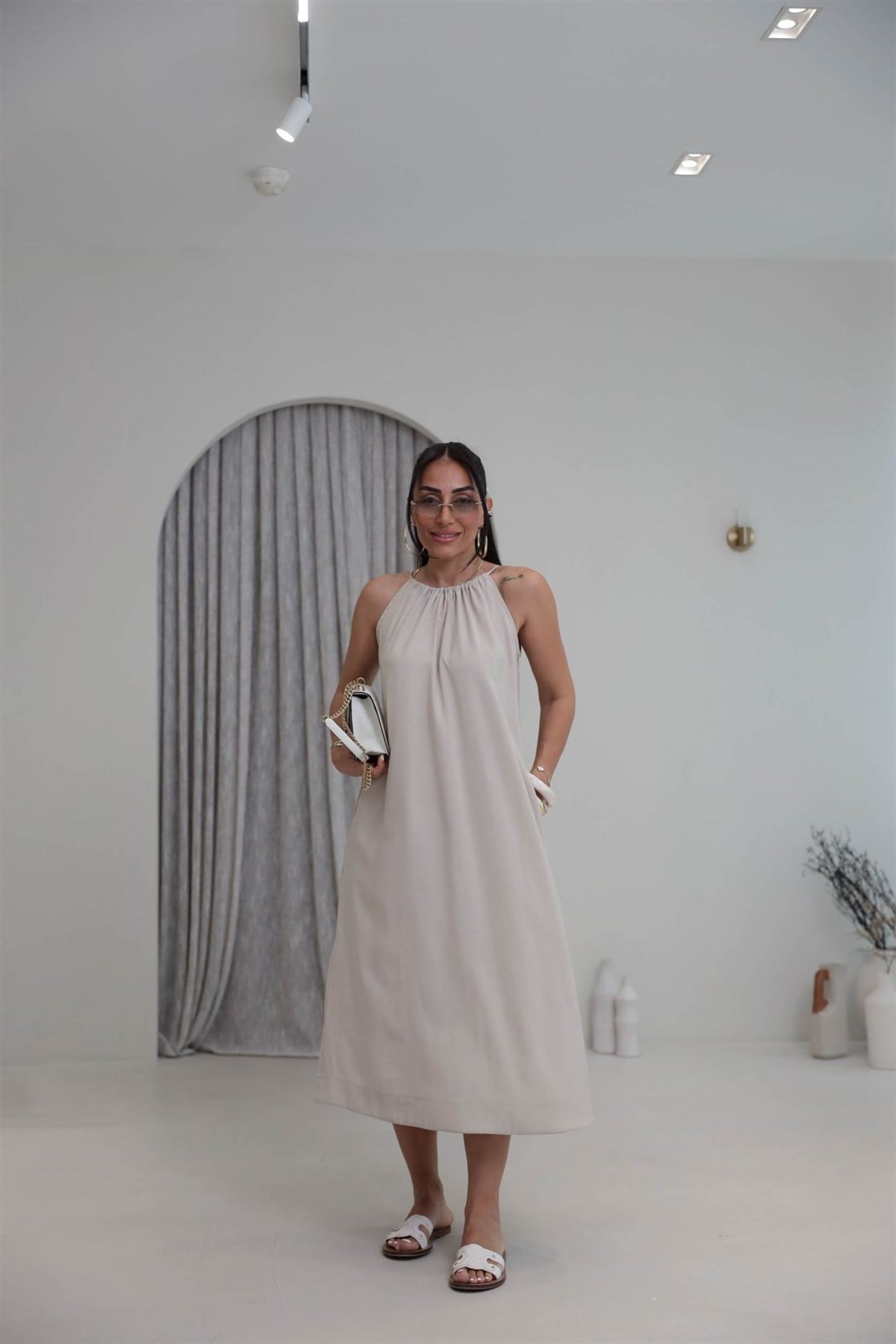 1106C İpli Halter Yaka Cepli Tencel Elbise TAŞ