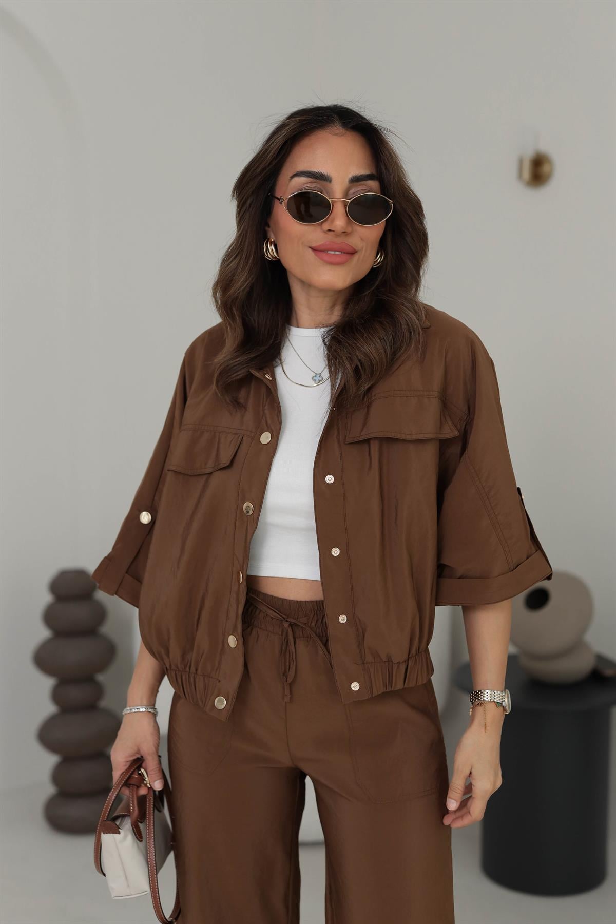 7013 Gold Düğme Detaylı Mevsimlik Ceket KAHVE