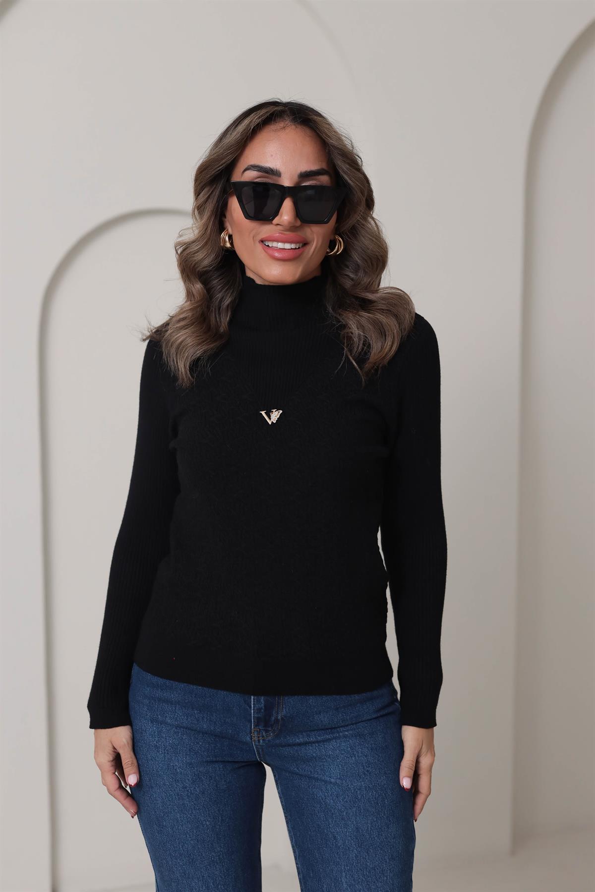 0248 Korspan Dik Yaka V Armalı Yumuşak Triko SİYAH