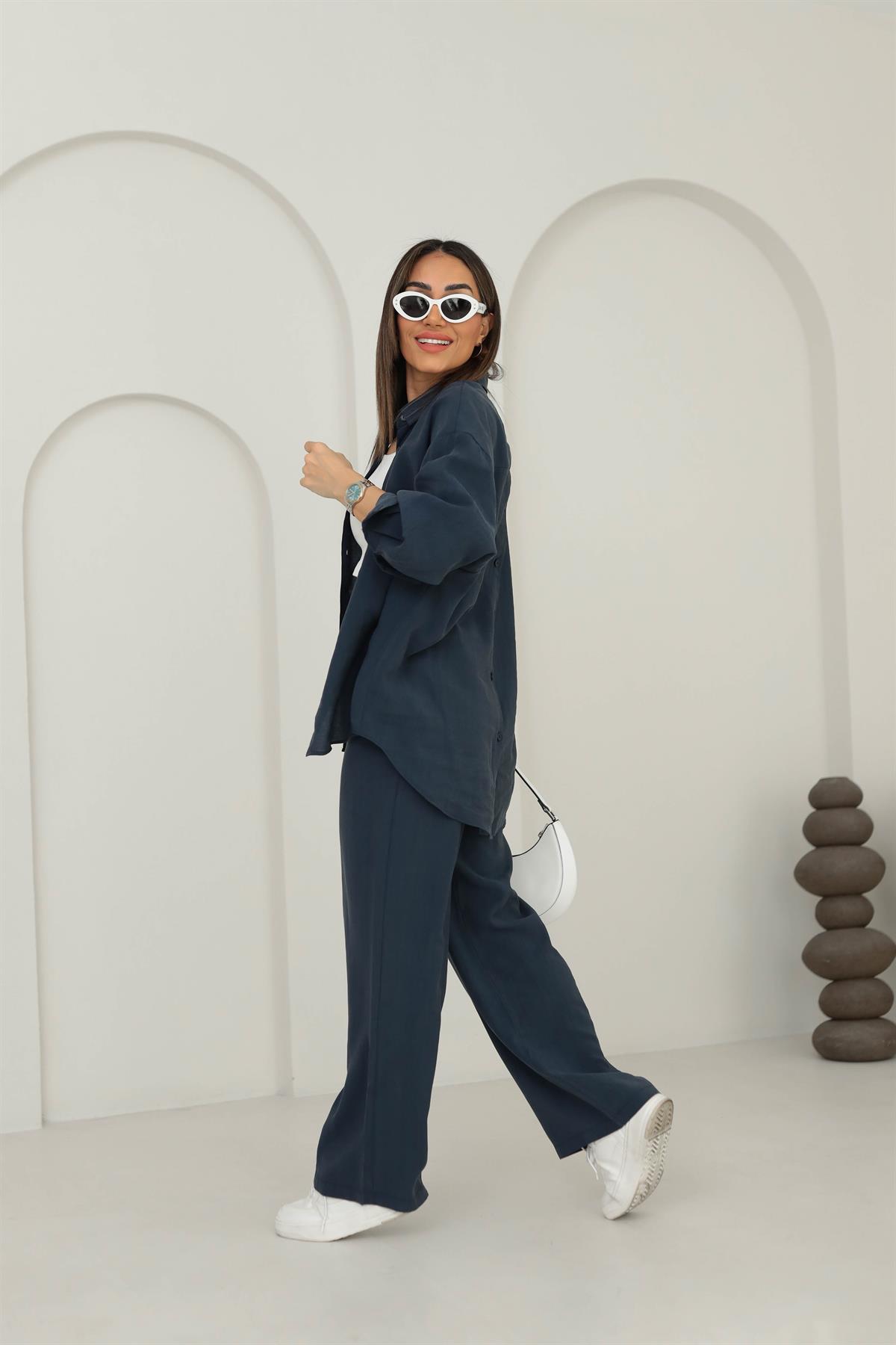 8557 Tencel Kumaş Gömlekli Takım LACİVERT