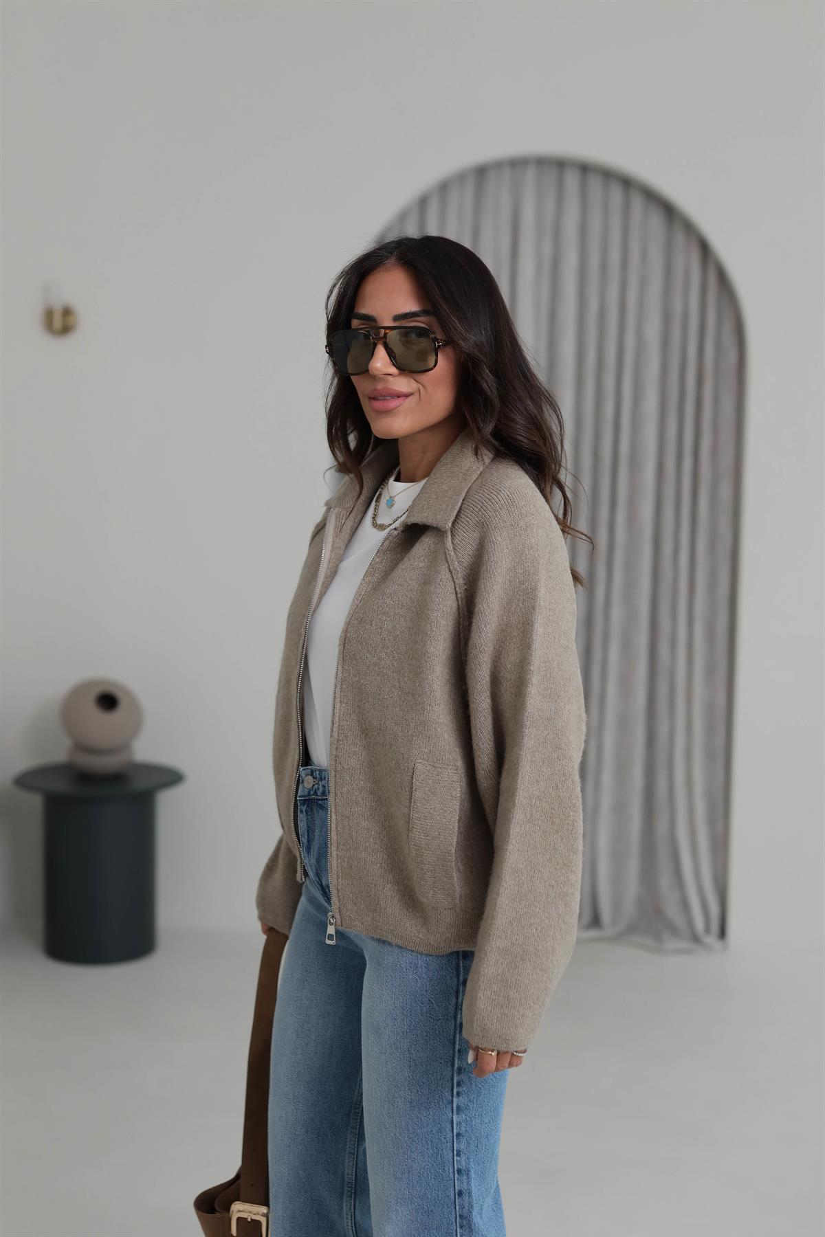 4904 Fermuar Detaylı Reglan Kol Triko Hırka VİZON