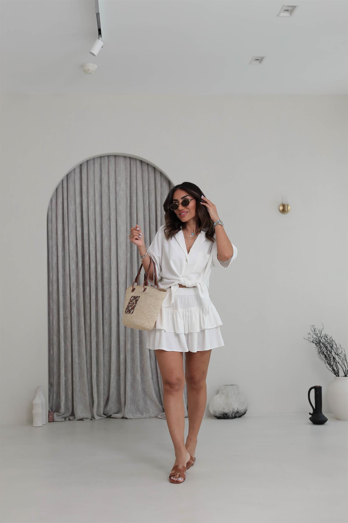 0478 Keten Bağlama Detay KatKat Etekli Takım EKRU