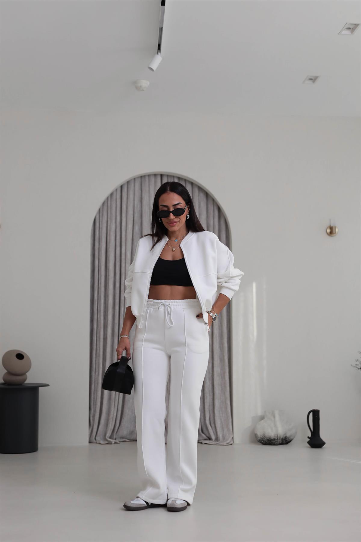 7085 Viral Bomber Ceketli 3 İplik Şardonlu Takım EKRU