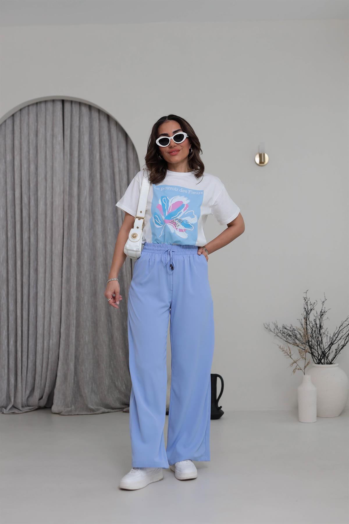 0223 Çiçek ve Taş Detaylı Tshirt MAVİ