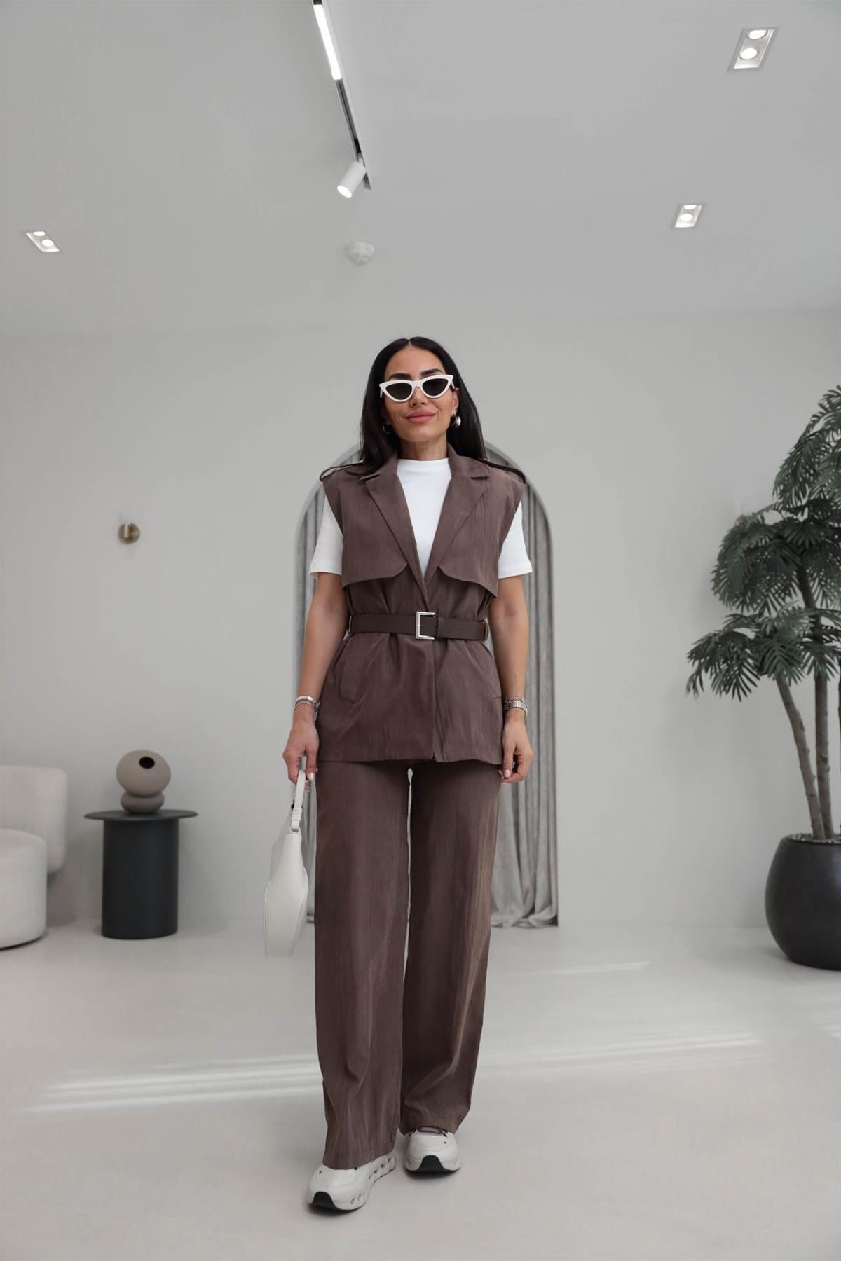 0719 Kemerli Tencel Kumaş Pantolon Yelek Takım KAHVE
