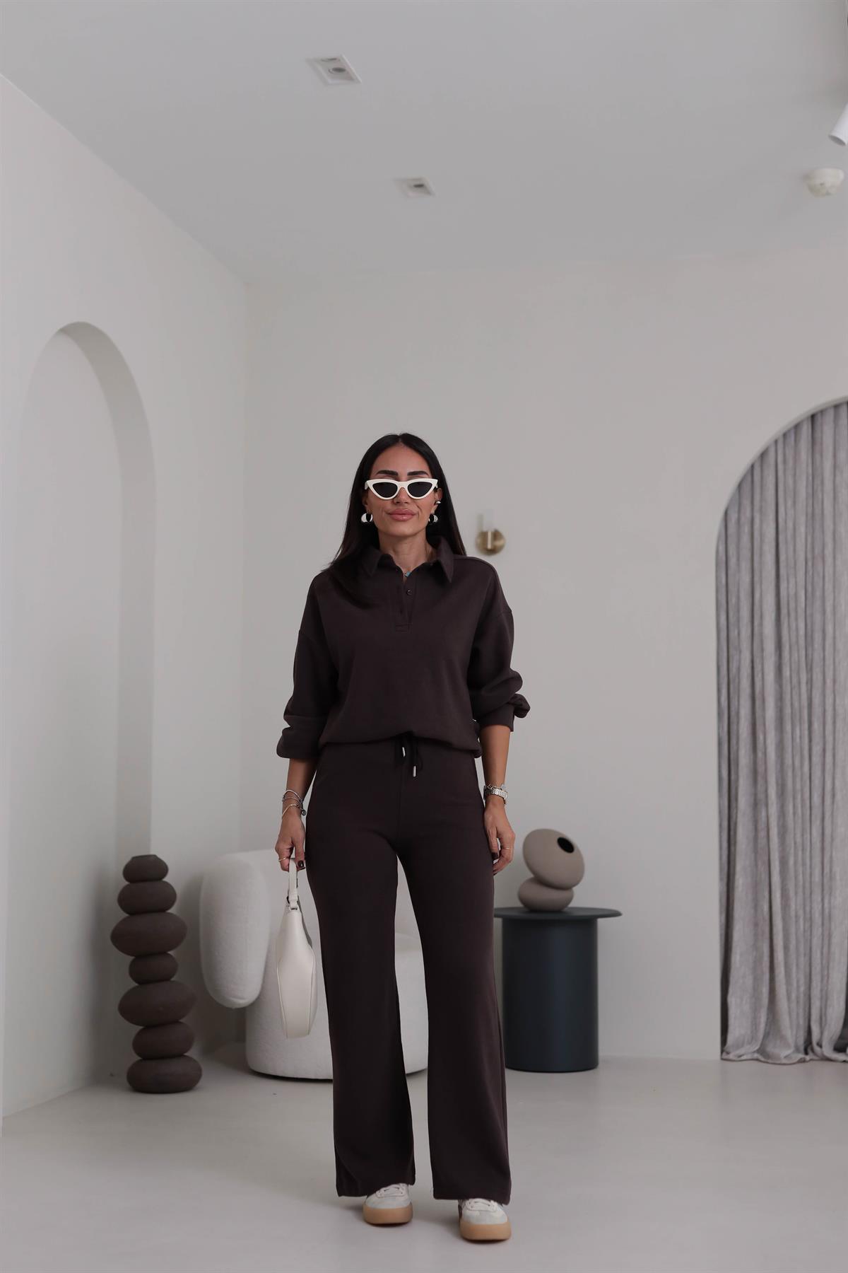 2411 Selanik Polo Yaka Yarım Düğmeli Rahat Takım KAHVE