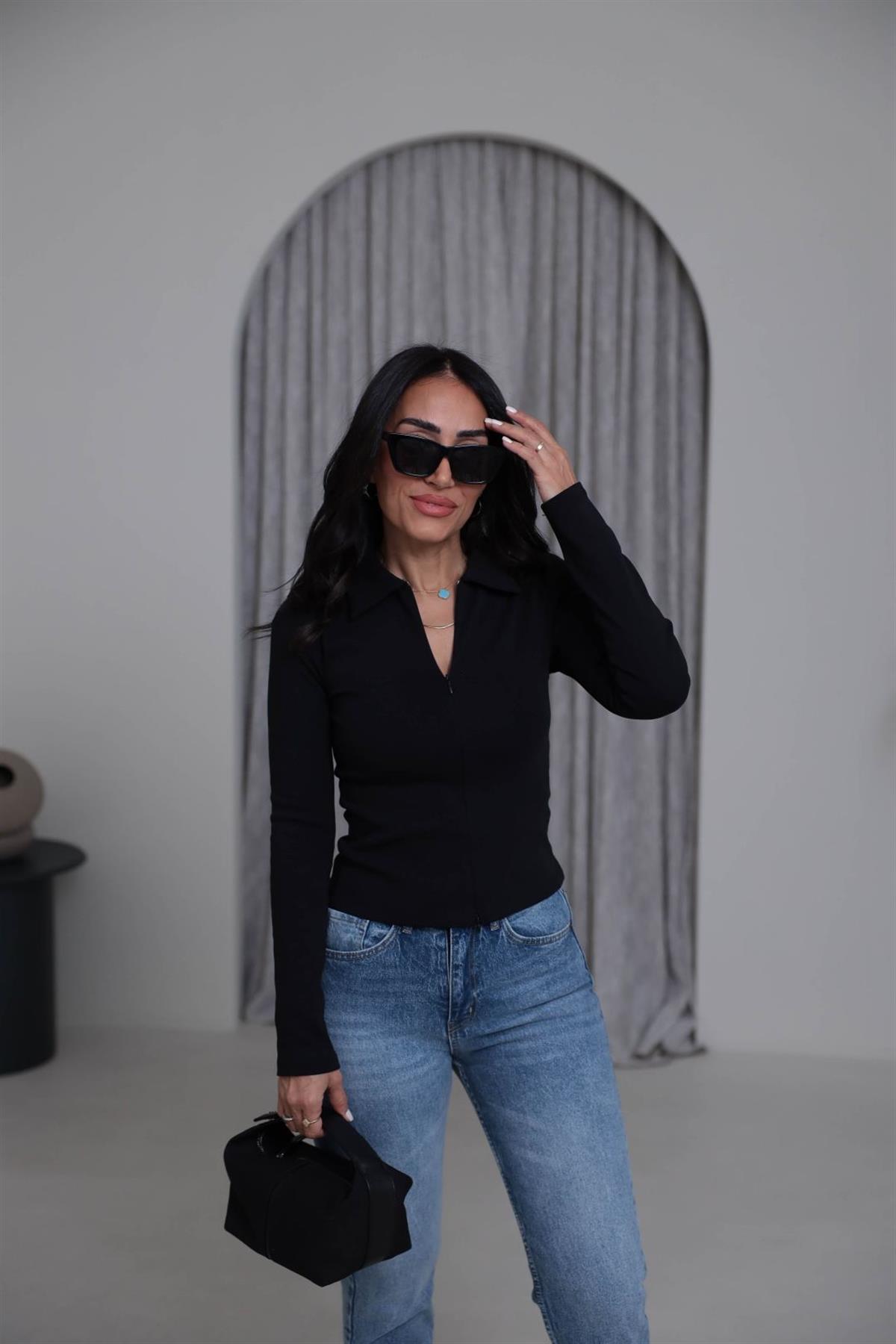 7246 Fermuar Detaylı Polo Yaka Bluz SİYAH