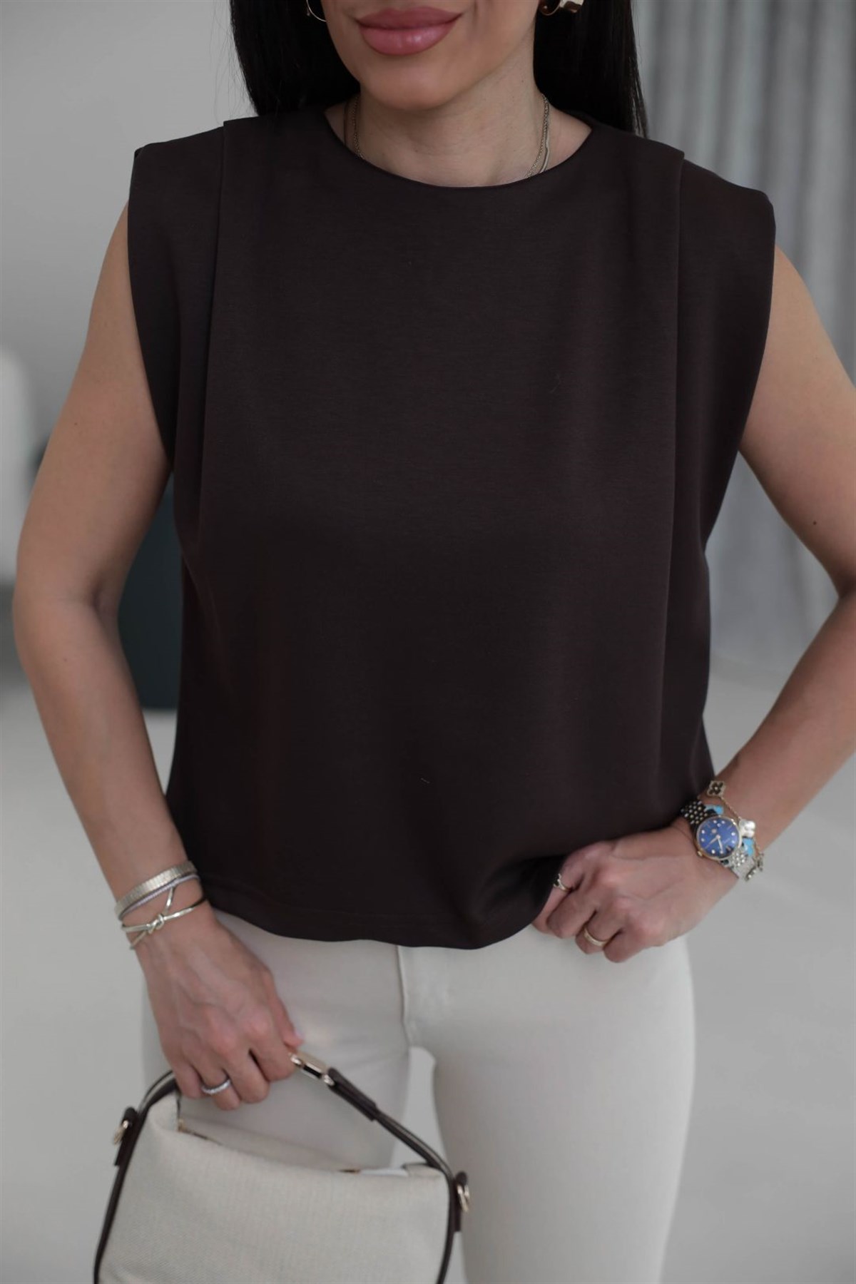 1376 Bisiklet Yaka Omzu Pileli Bluz ACI KAHVE