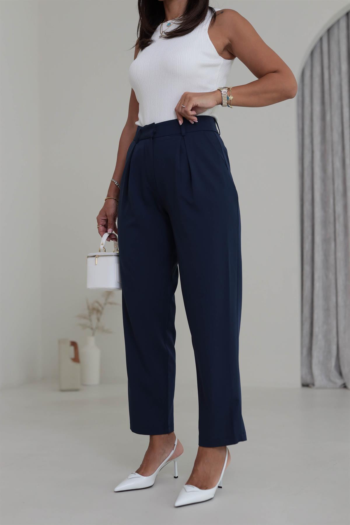 1207 Pile Detaylı Havuç Pantolon LACİVERT