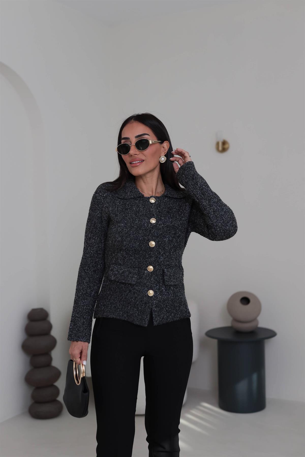 0265 Polo Yaka Düğmeli Cep Detaylı Triko Hırka ANTRASİT