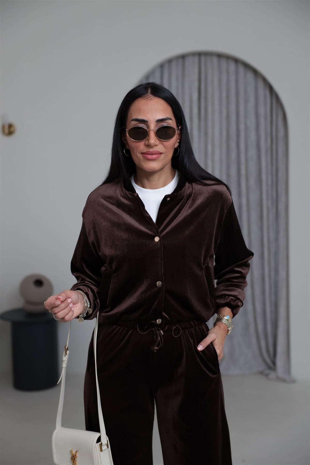 0109 Kadife Belden Büzgülü Çıtçıtlı Takım KAHVE