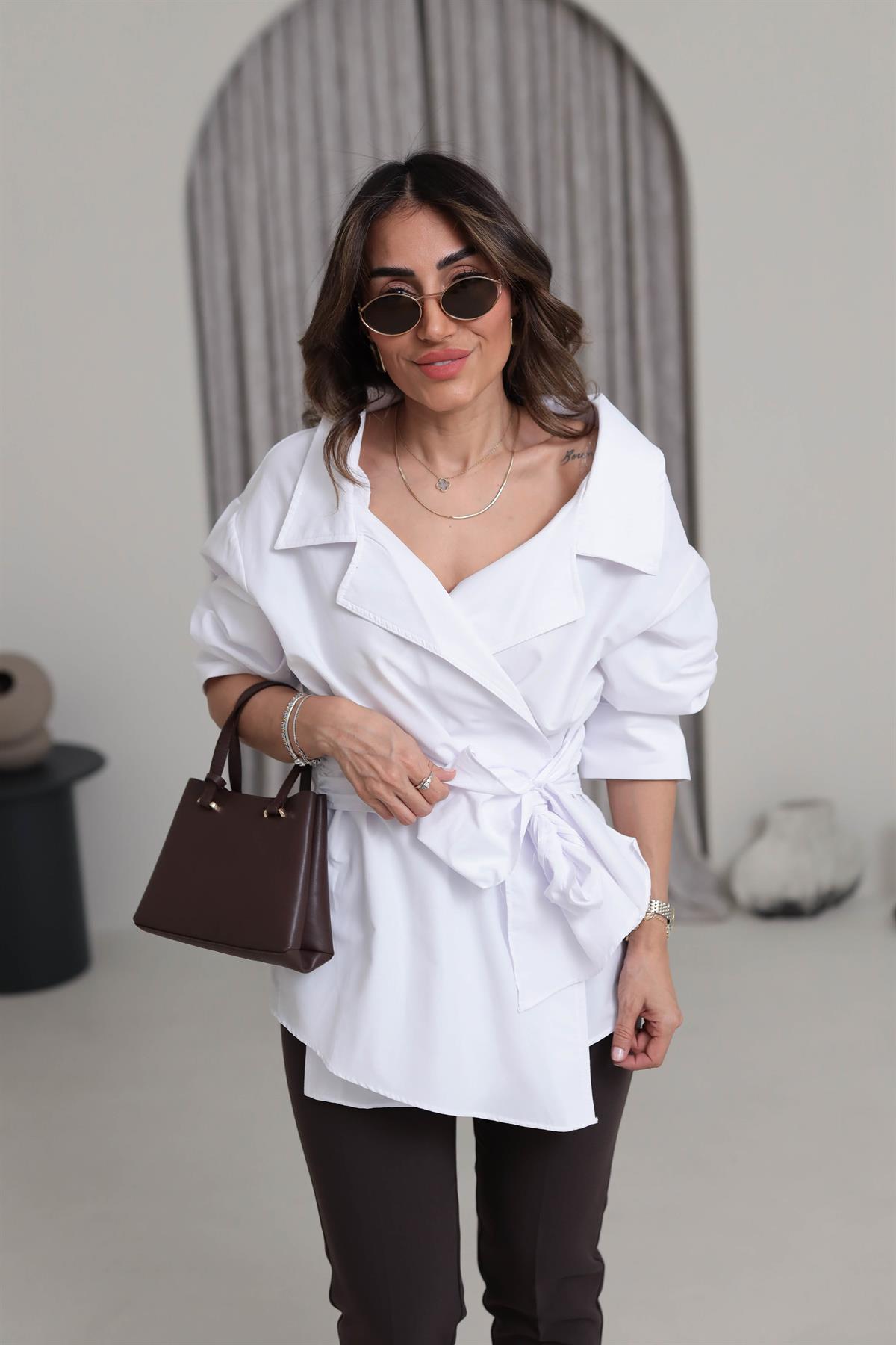 3165 Kruvaze Kuşaklı Poplin Gömlek Bluz BEYAZ